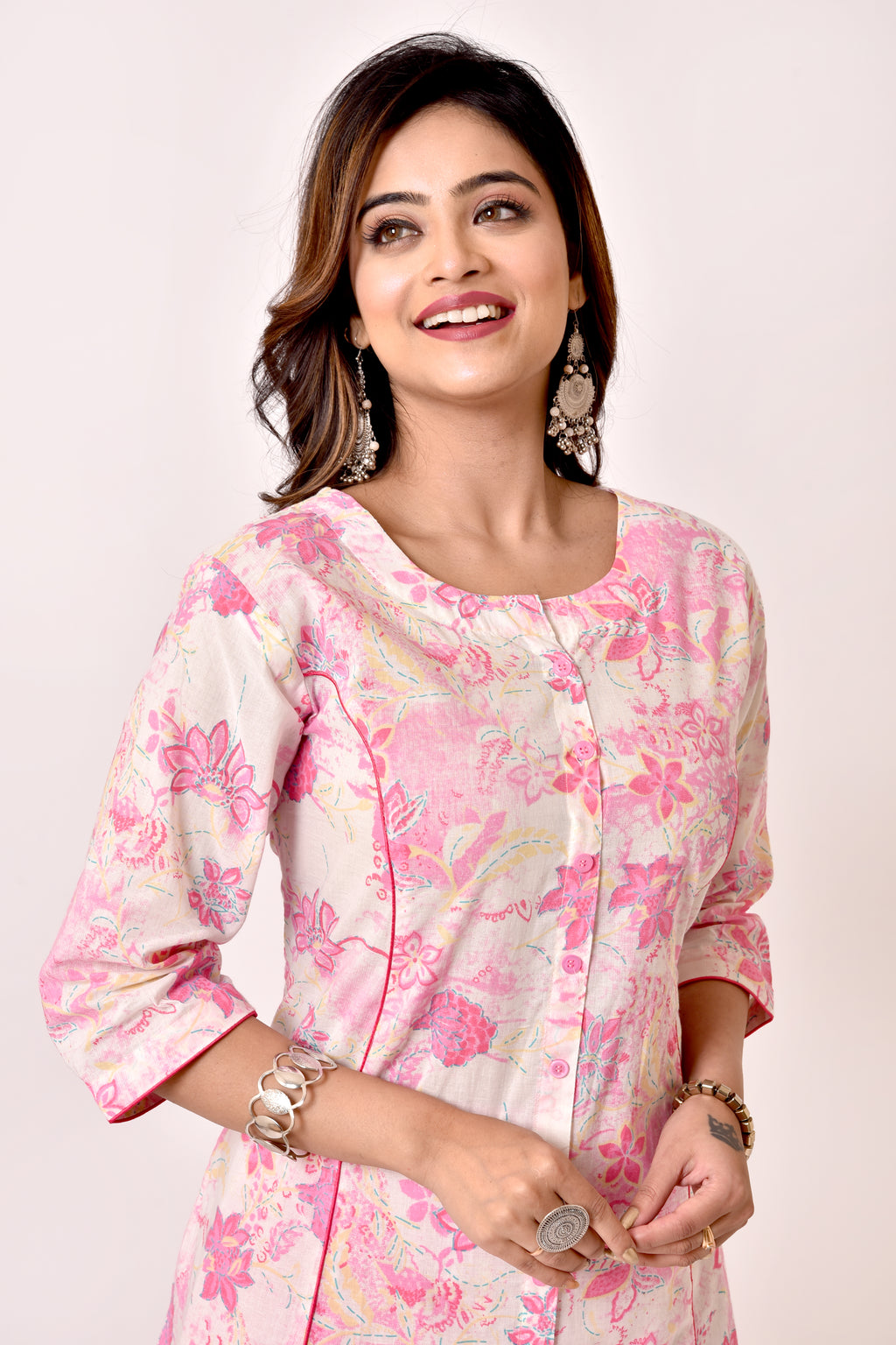 Baby Pink Floral Print A-Line Kurta With Pant