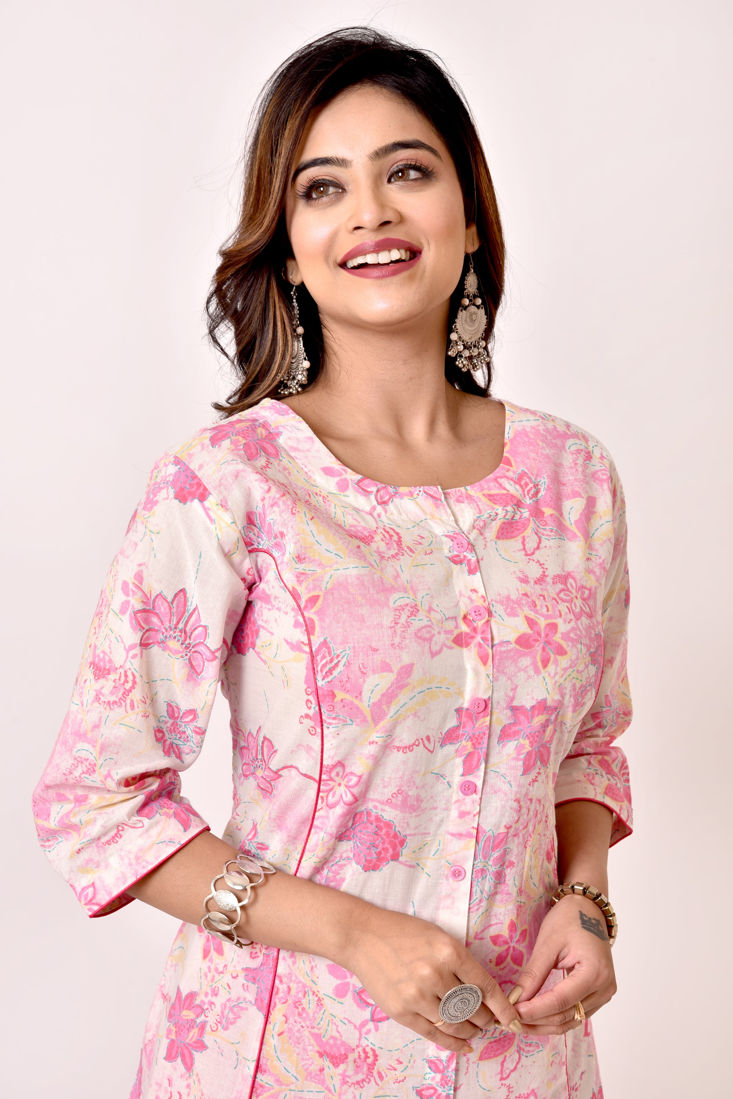 Baby Pink Floral Print A-Line Kurta With Pant