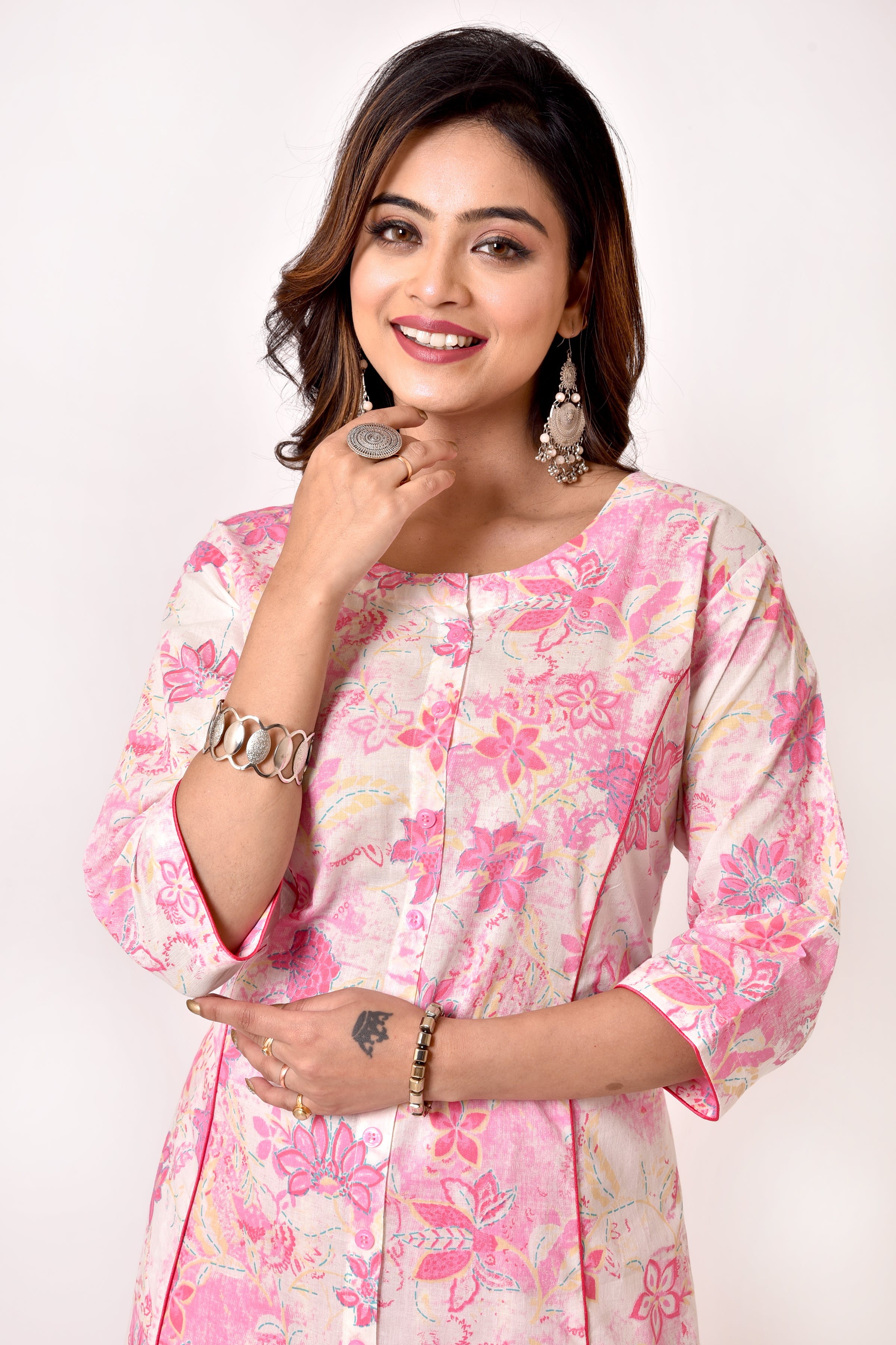 Baby Pink Floral Print A-Line Kurta With Pant