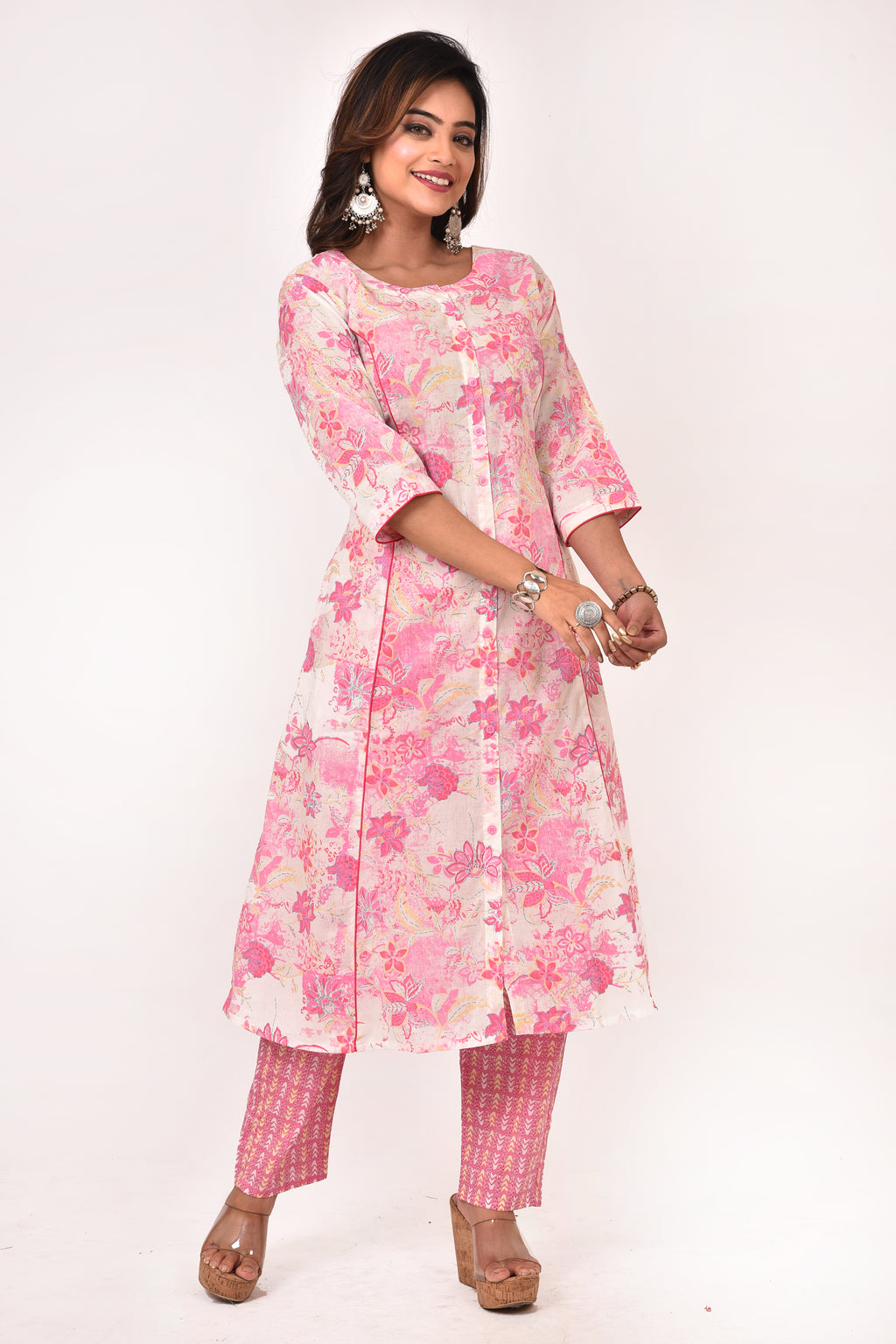 Baby Pink Floral Print A-Line Kurta With Pant