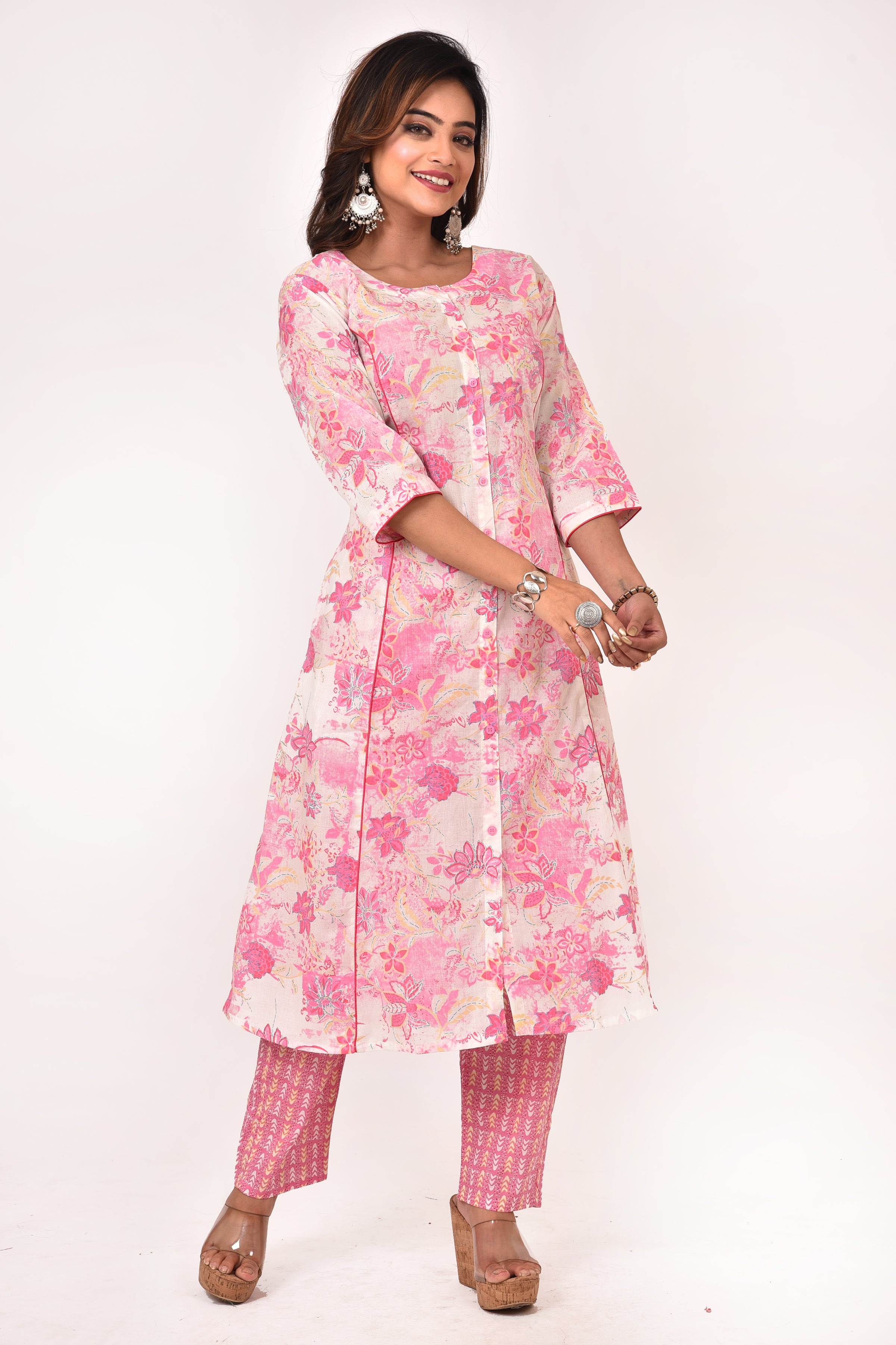 Baby Pink Floral Print A-Line Kurta With Pant