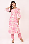 Baby Pink Floral Print A-Line Kurta With Pant