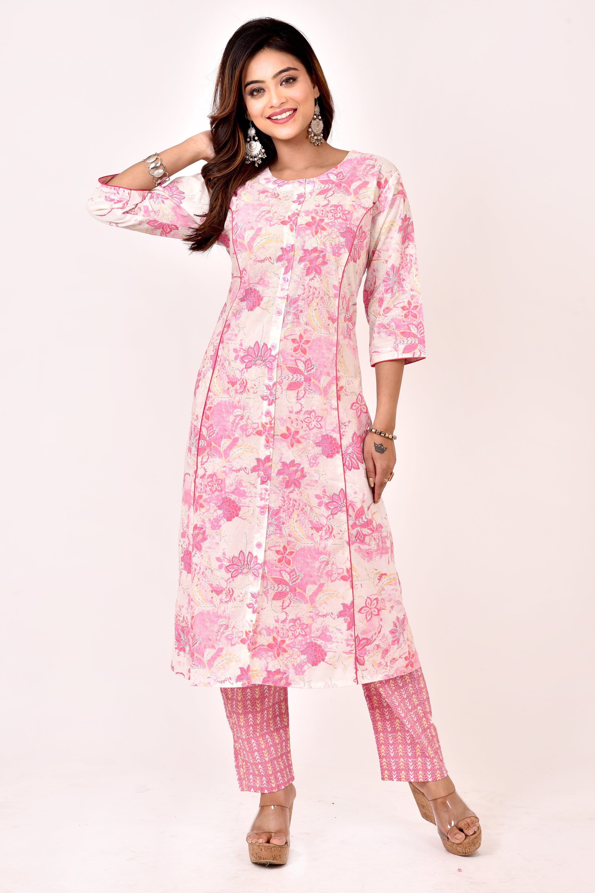Baby Pink Floral Print A-Line Kurta With Pant