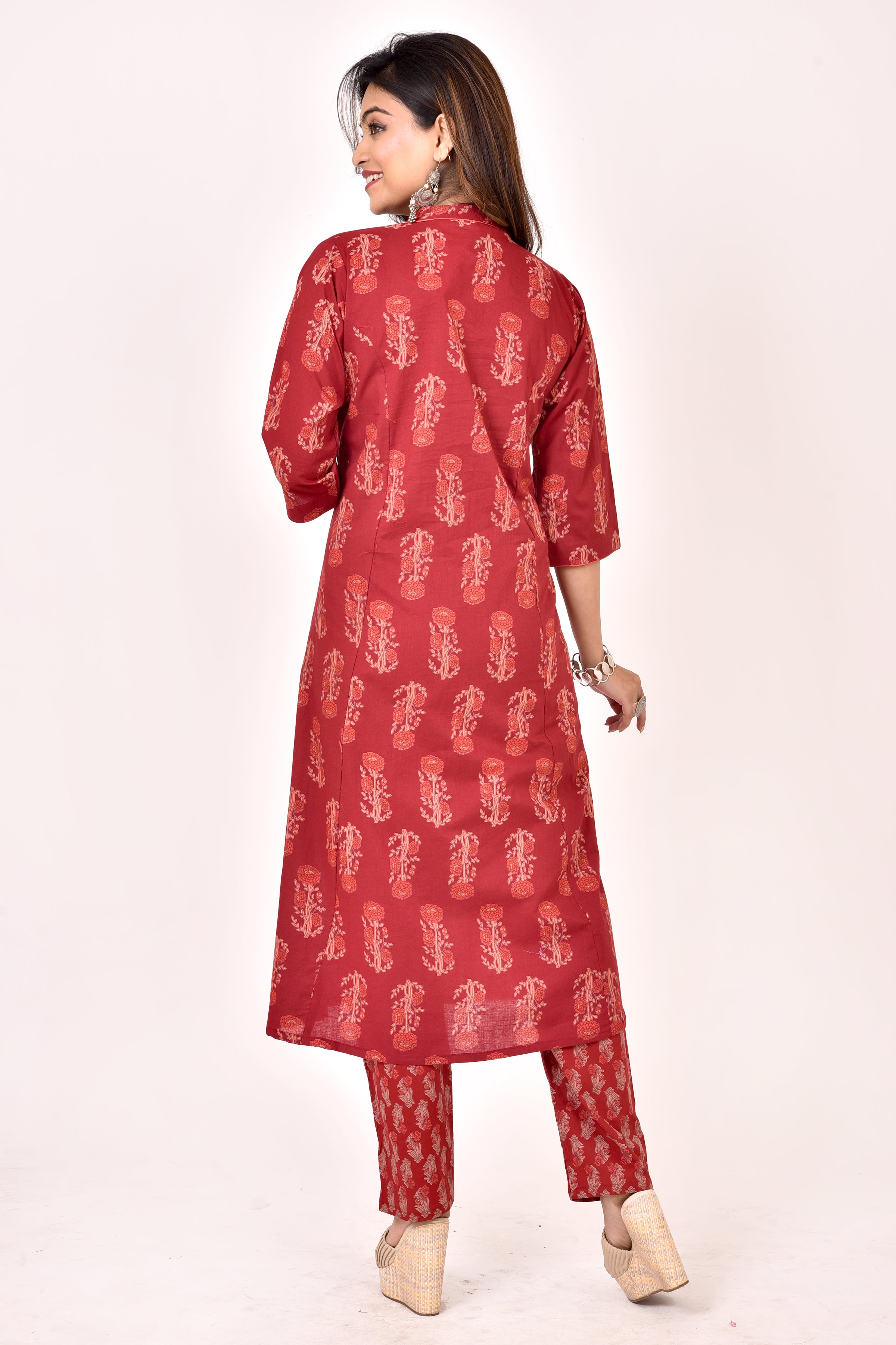 Maroon Floral Print A-Line Kurta With Pant