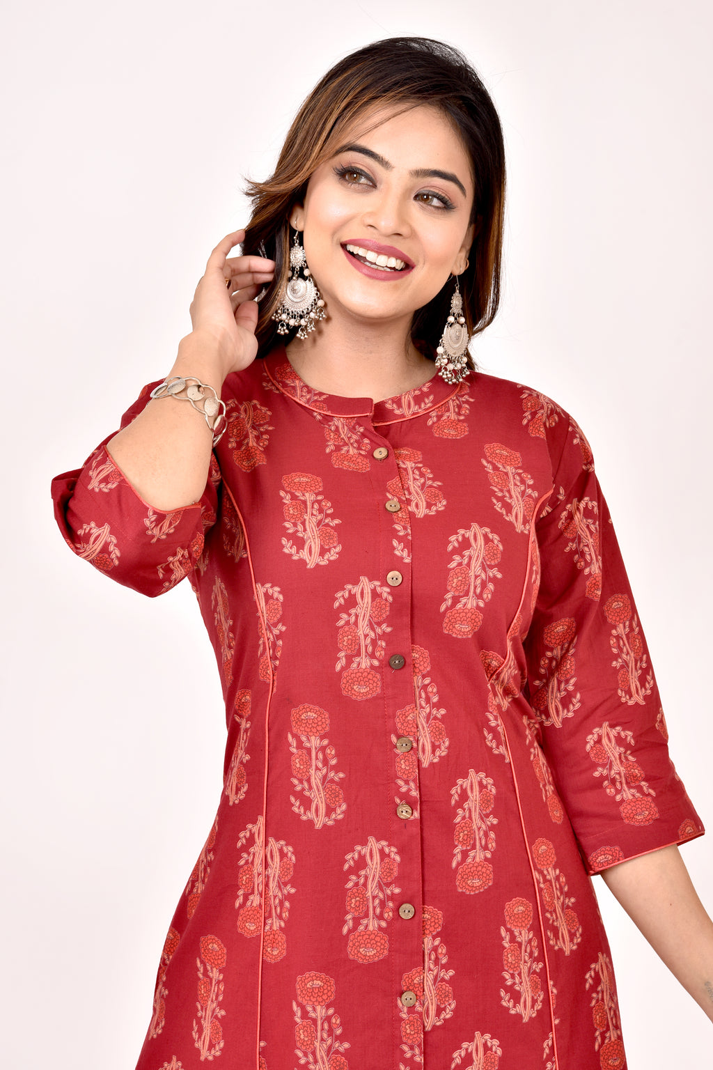Maroon Floral Print A-Line Kurta With Pant