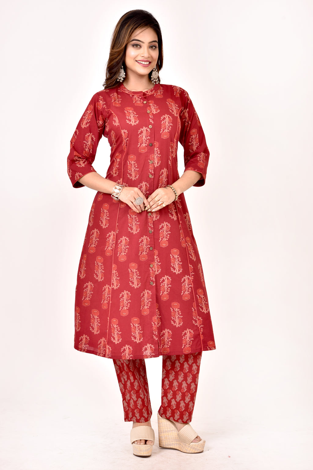 Maroon Floral Print A-Line Kurta With Pant