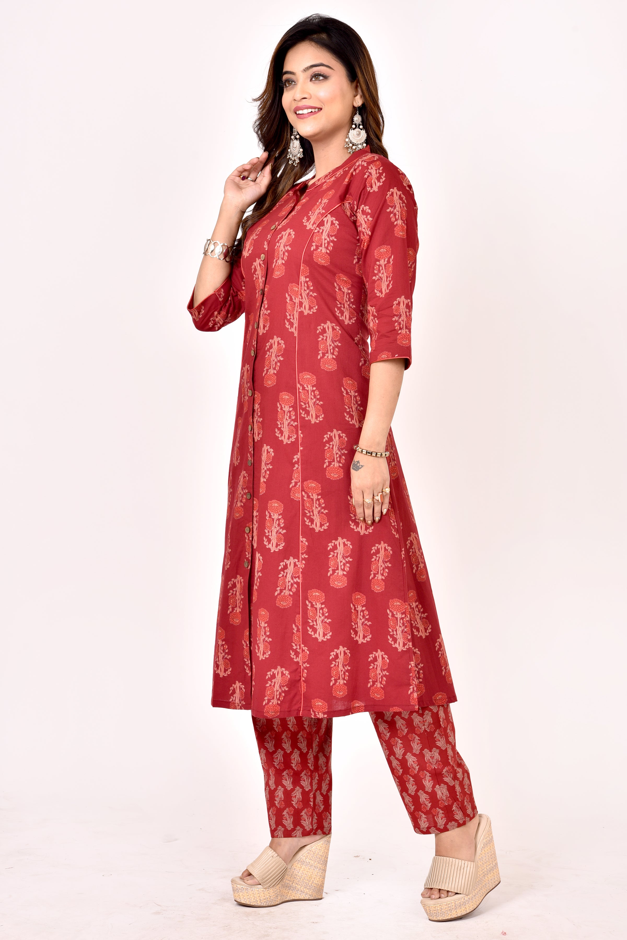 Maroon Floral Print A-Line Kurta With Pant