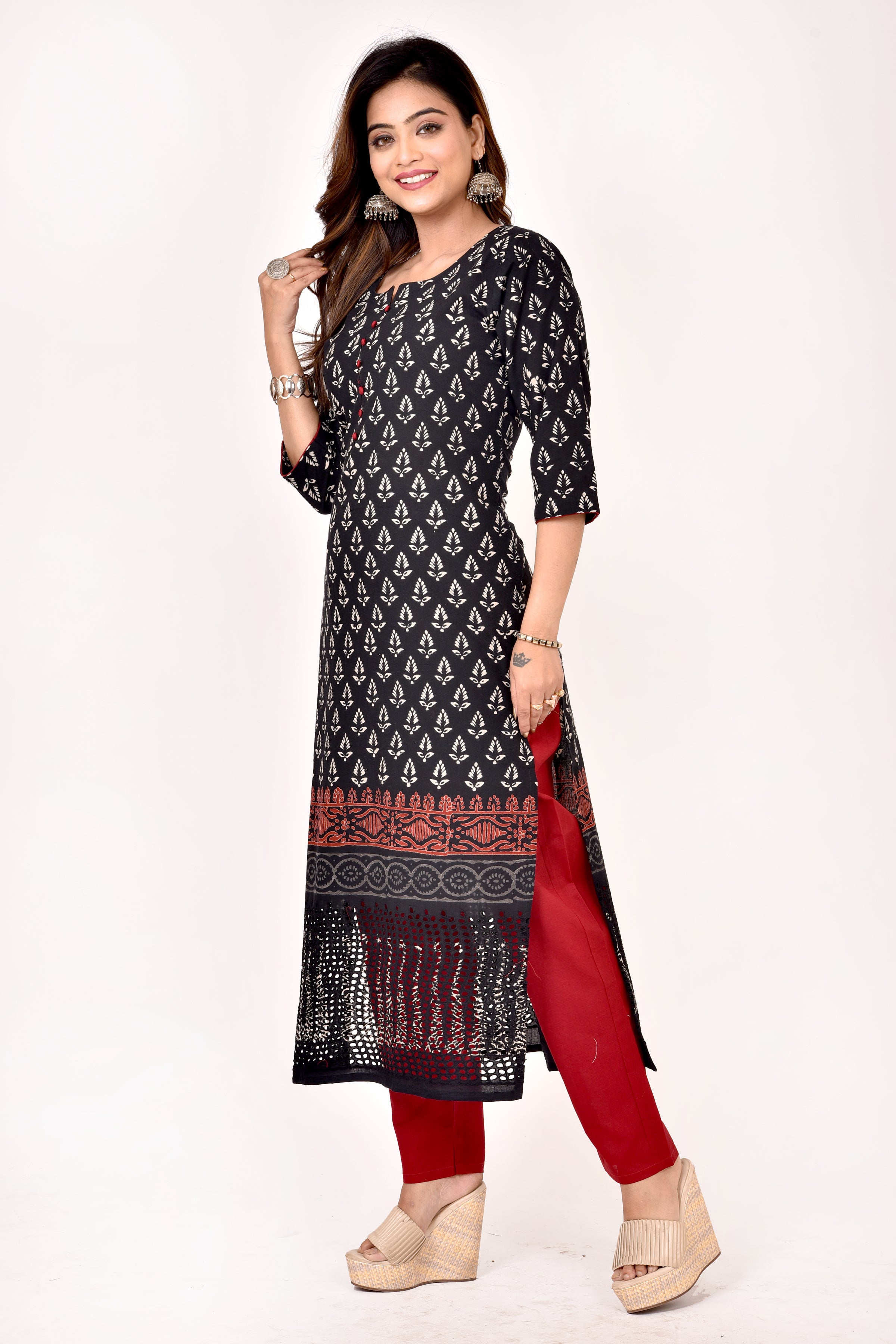 Black Floral Print Schiffli Kurta With Pant