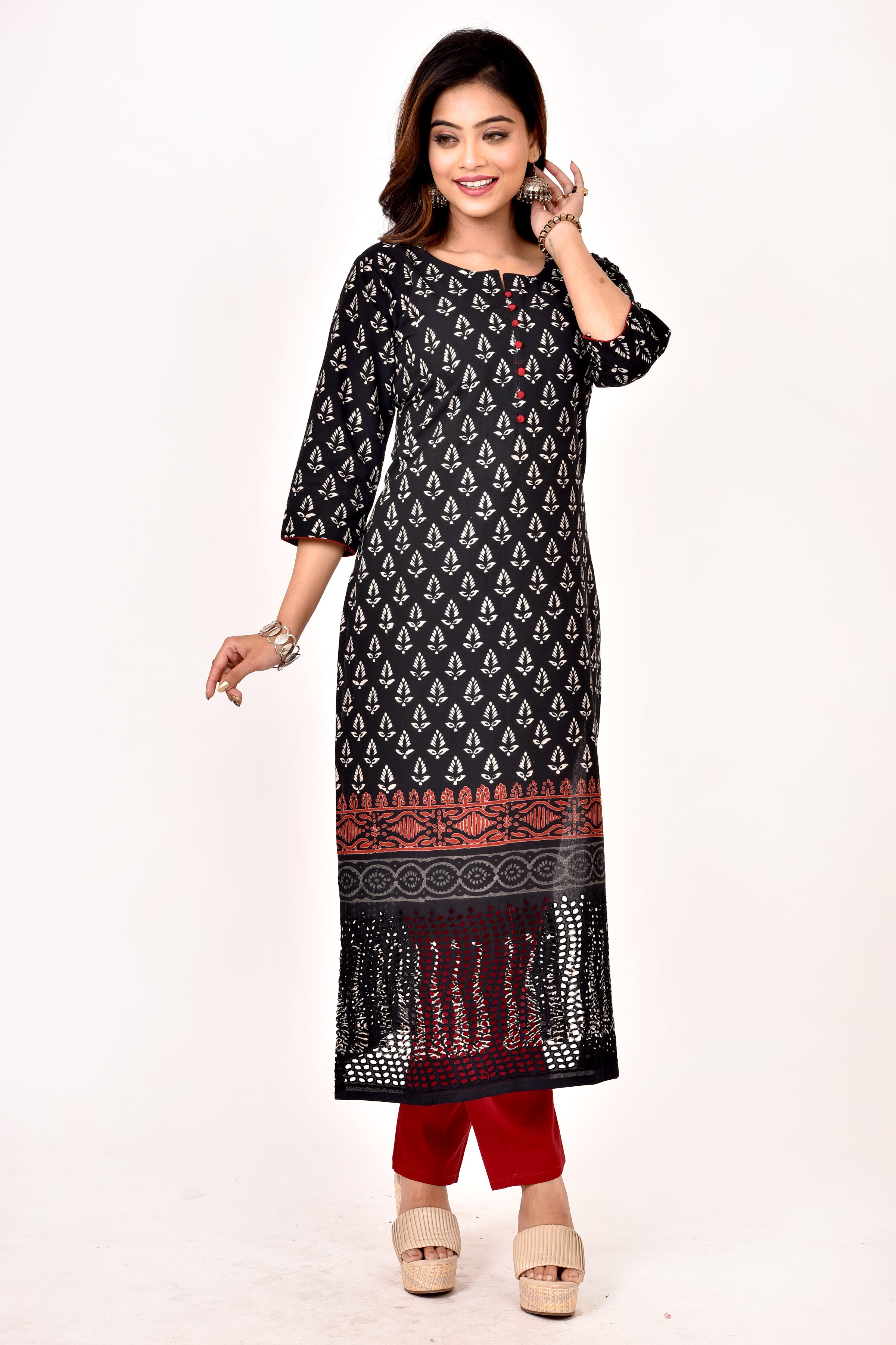 Black Floral Print Schiffli Kurta With Pant