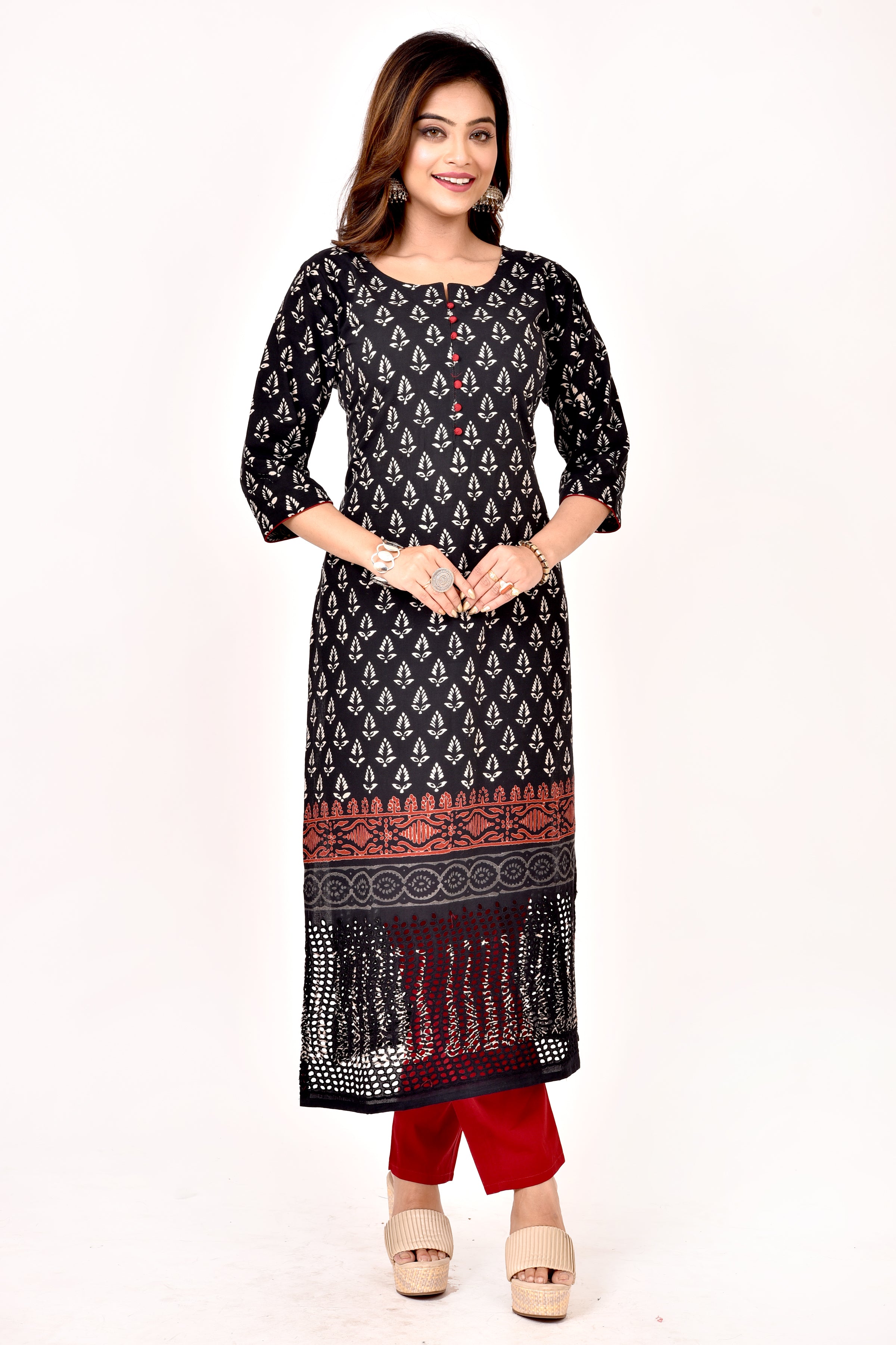 Black Floral Print Schiffli Kurta With Pant