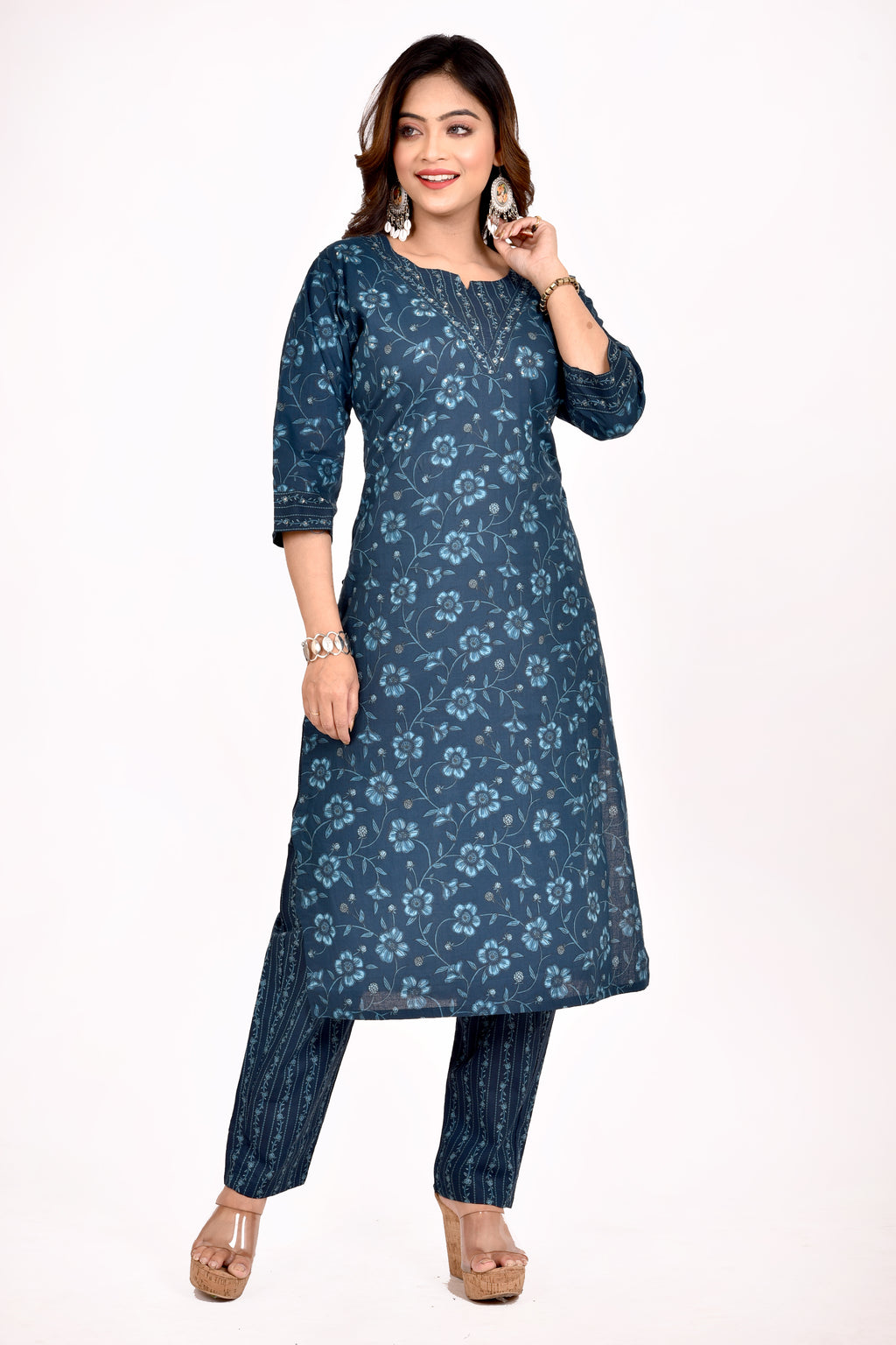 Teal Blue Floral Print Hand Embroidered Kurta With Pant