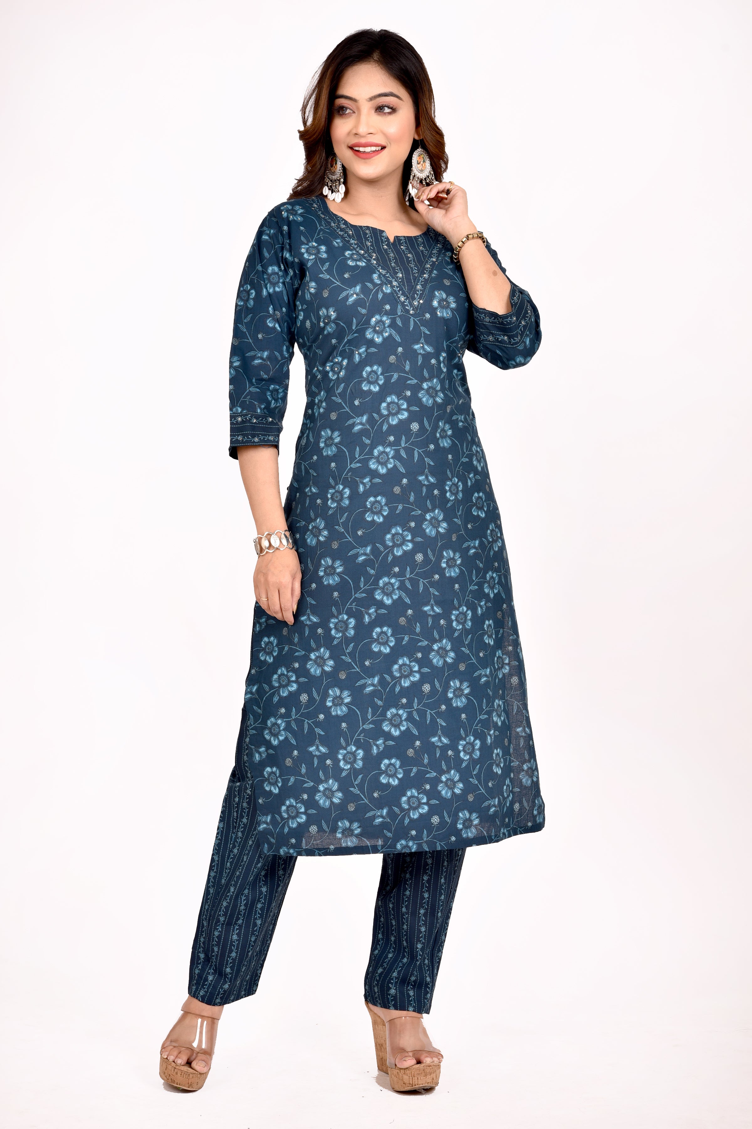 Teal Blue Floral Print Hand Embroidered Kurta With Pant