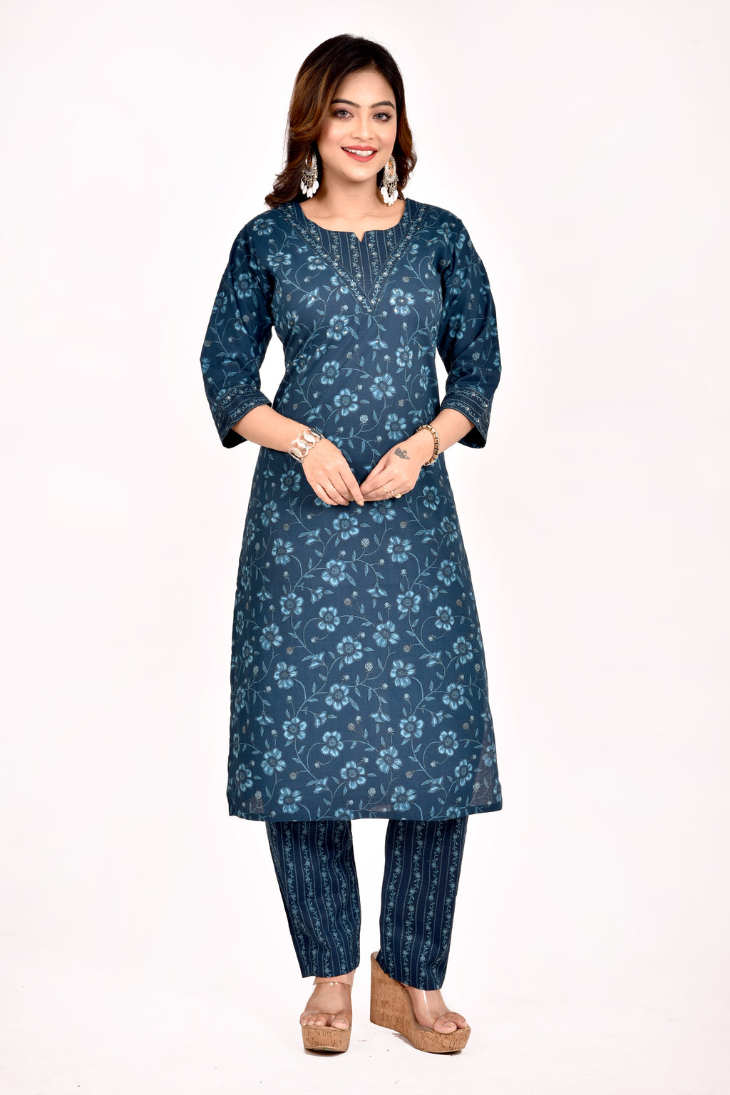 Teal Blue Floral Print Hand Embroidered Kurta With Pant