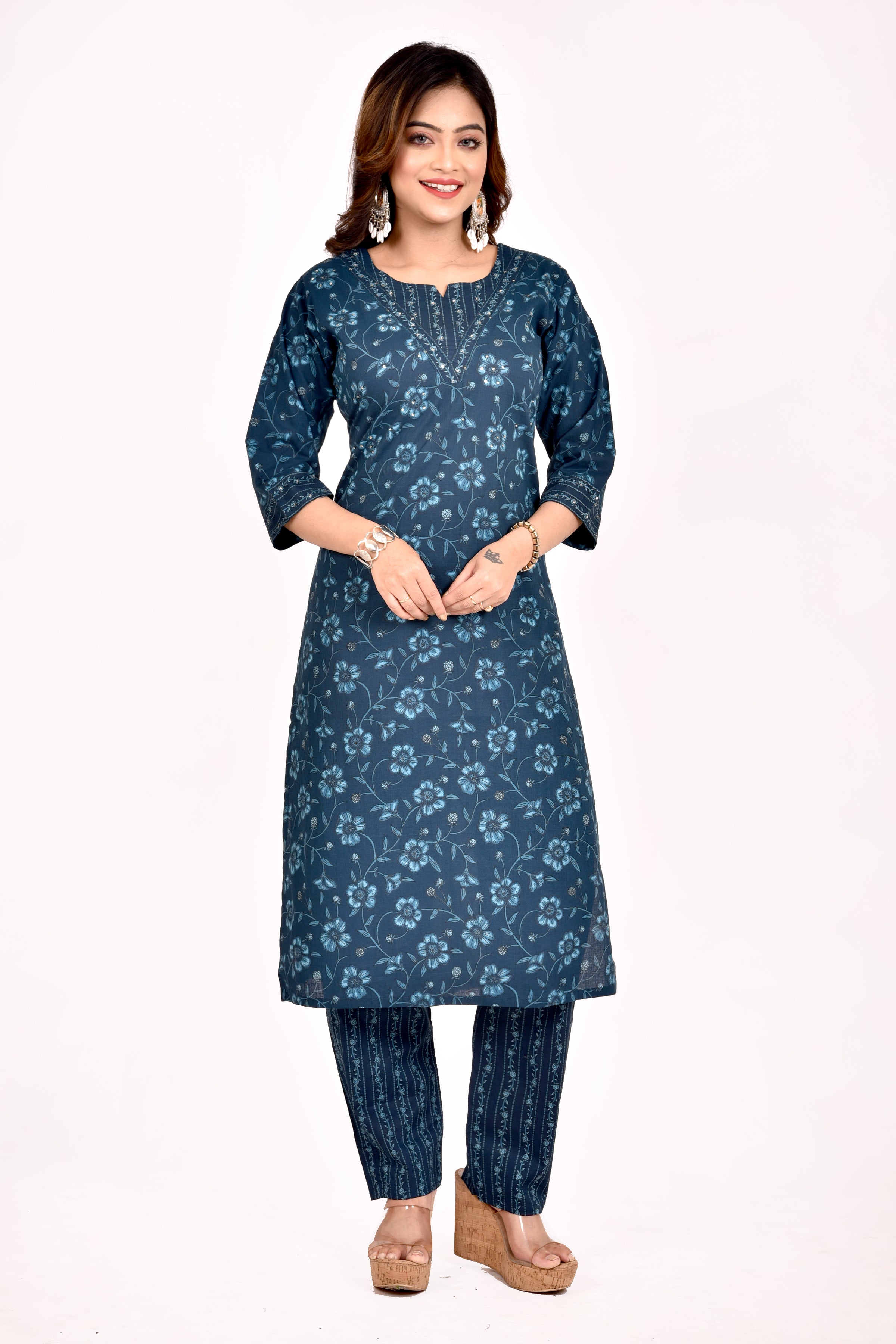 Teal Blue Floral Print Hand Embroidered Kurta With Pant