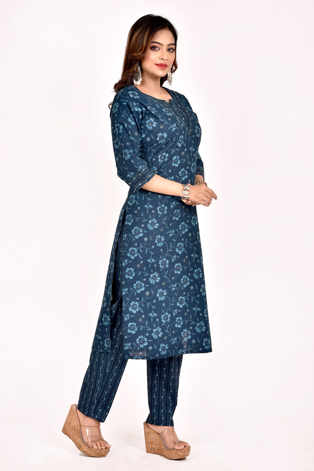 Teal Blue Floral Print Hand Embroidered Kurta With Pant