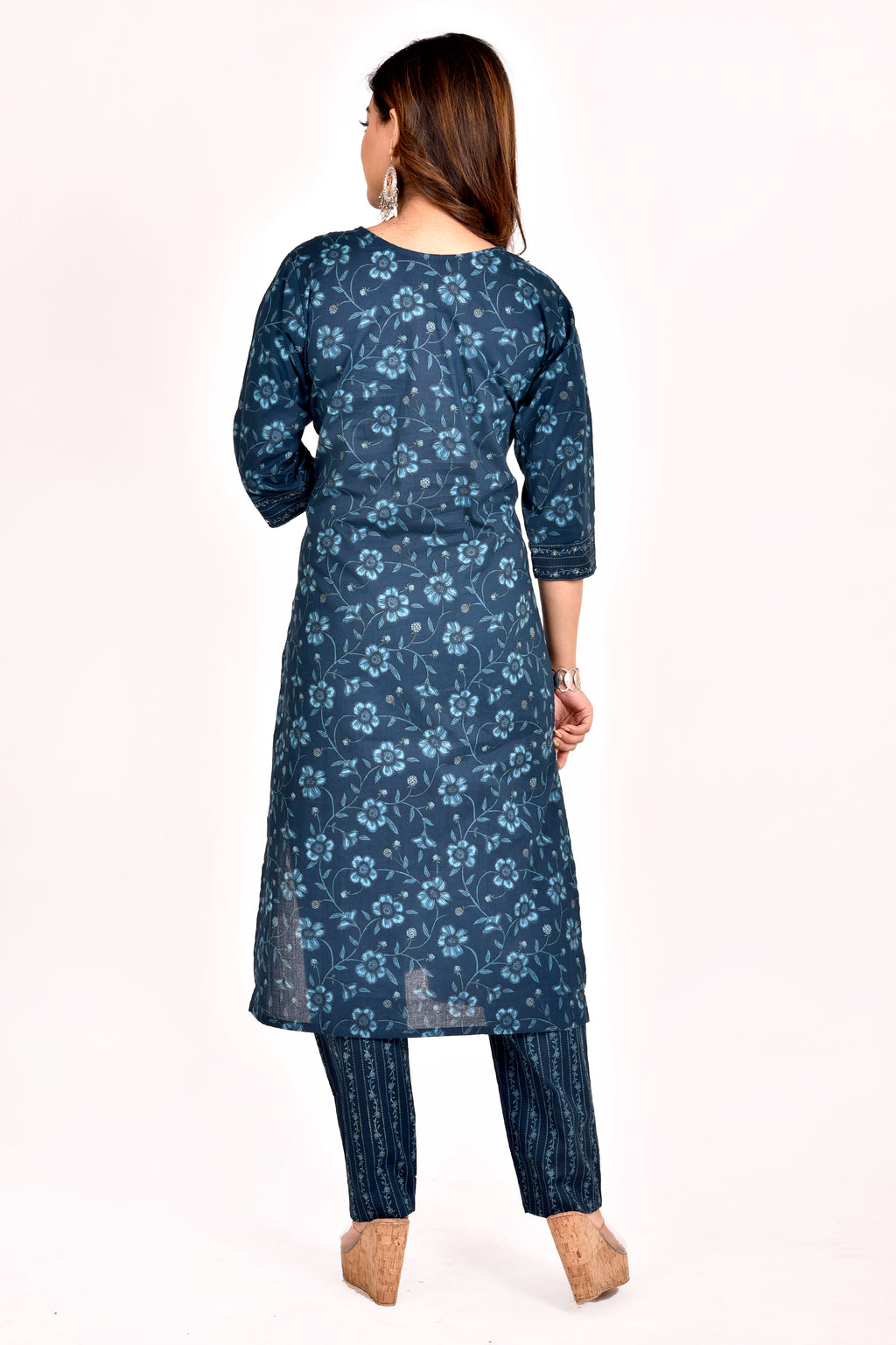 Teal Blue Floral Print Hand Embroidered Kurta With Pant