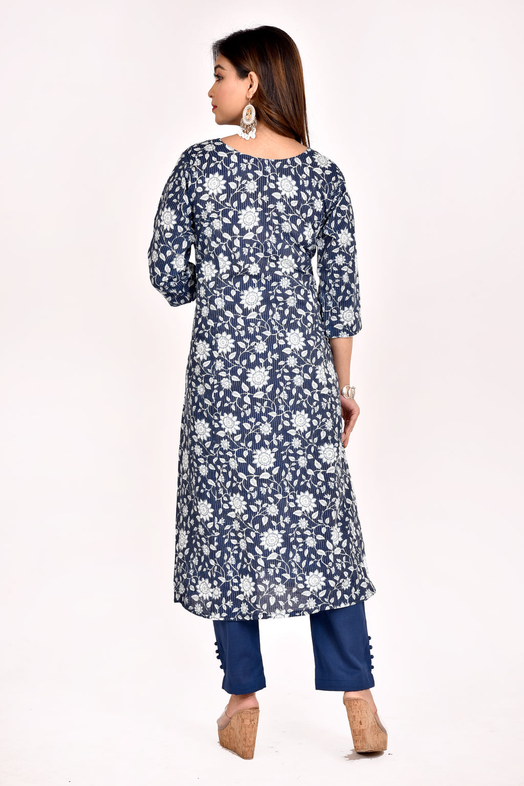 Navy Blue Floral Print A-Line Kurta With Pant