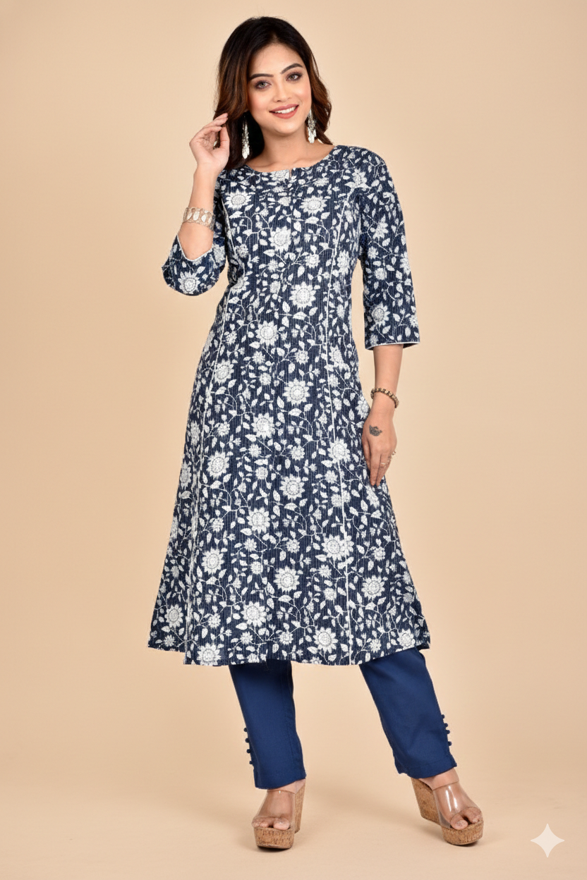 Navy Blue Floral Print A-Line Kurta With Pant