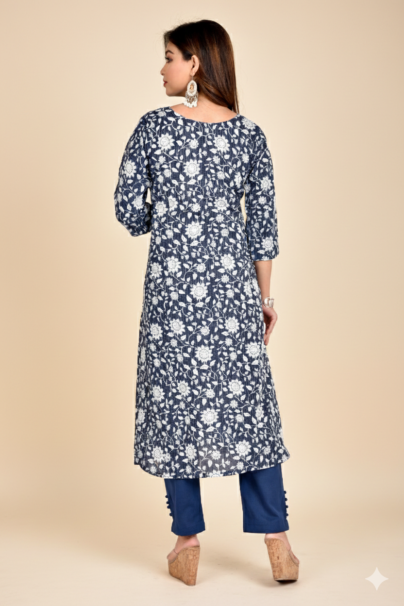 Navy Blue Floral Print A-Line Kurta With Pant