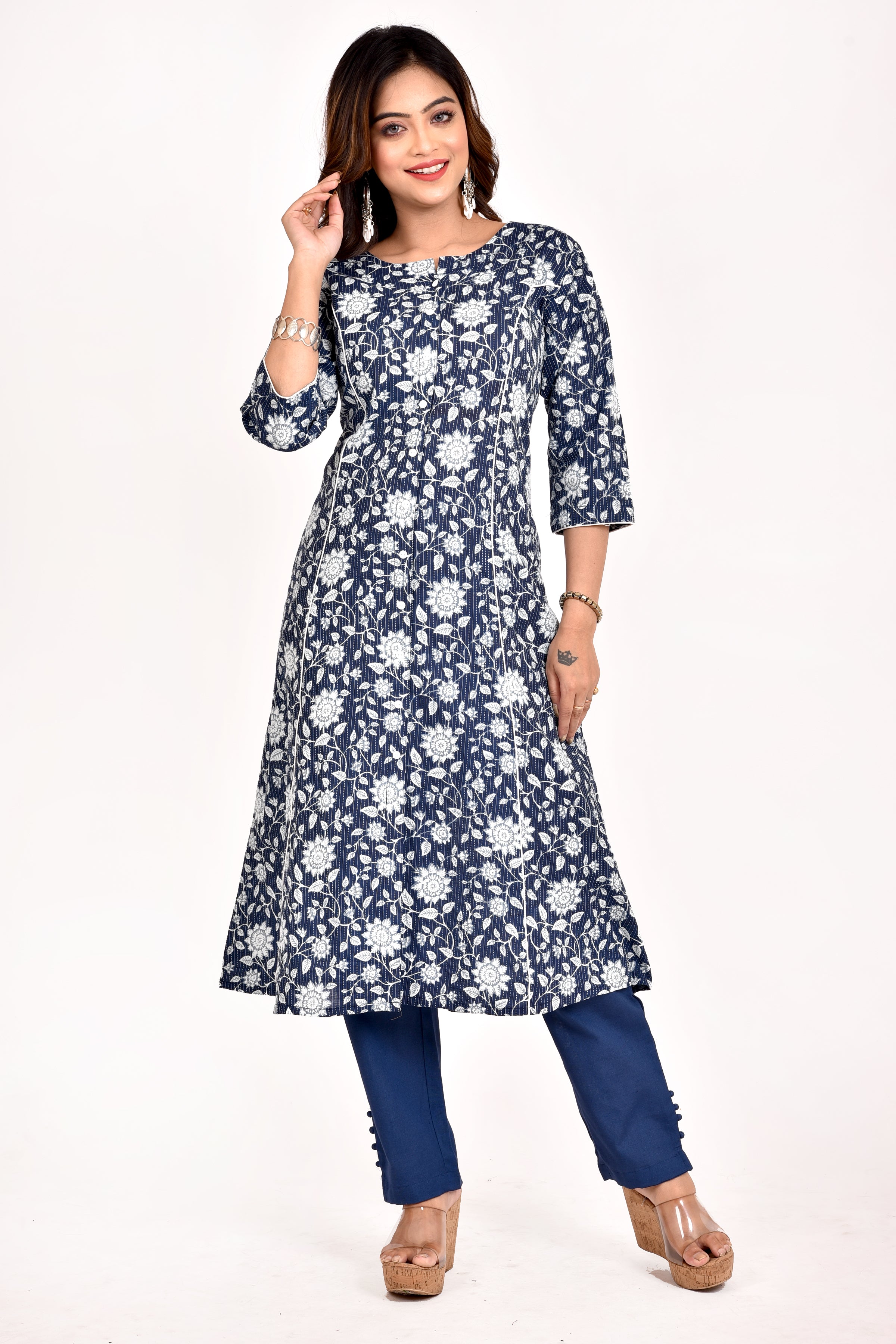 Navy Blue Floral Print A-Line Kurta With Pant