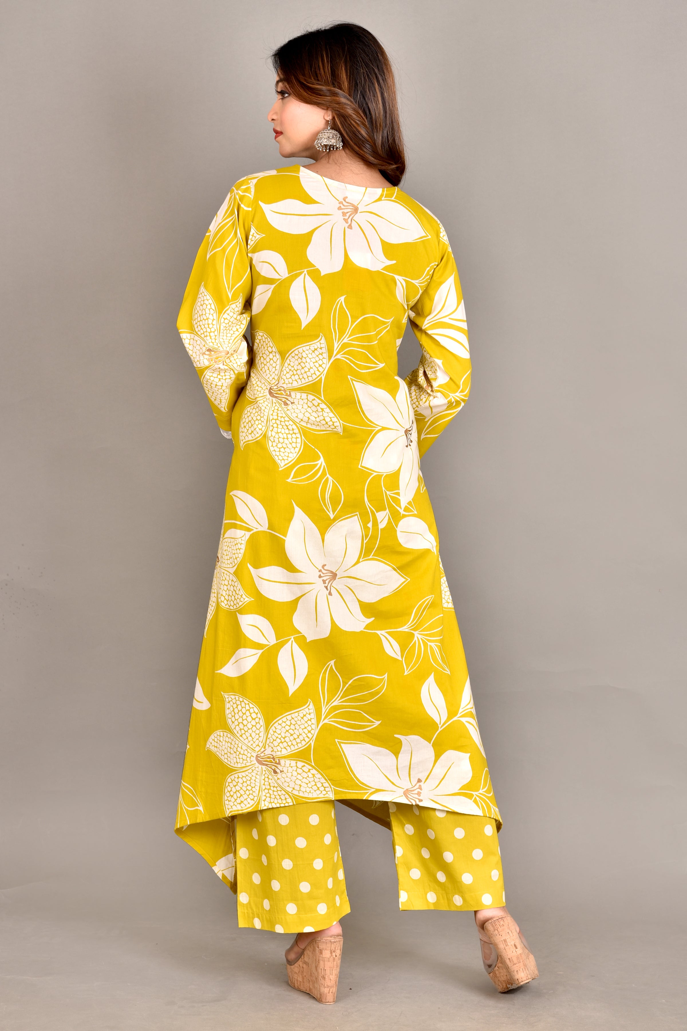 Yellow Floral Print A-Line Kurta With Pant