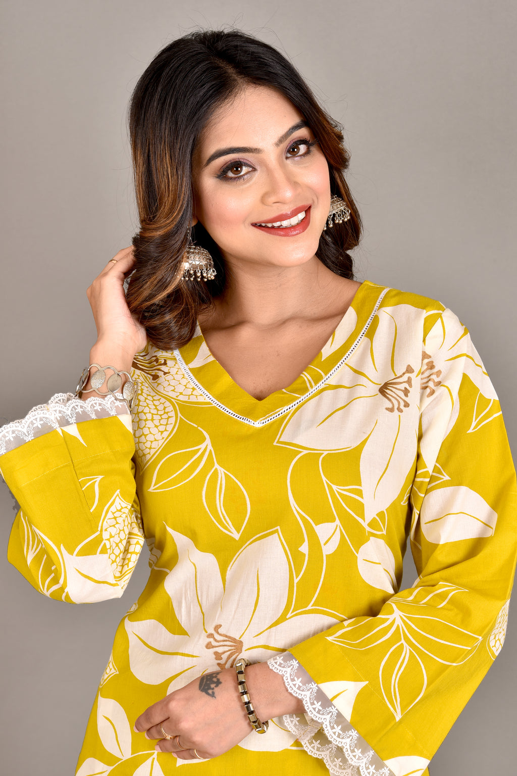 Yellow Floral Print A-Line Kurta With Pant