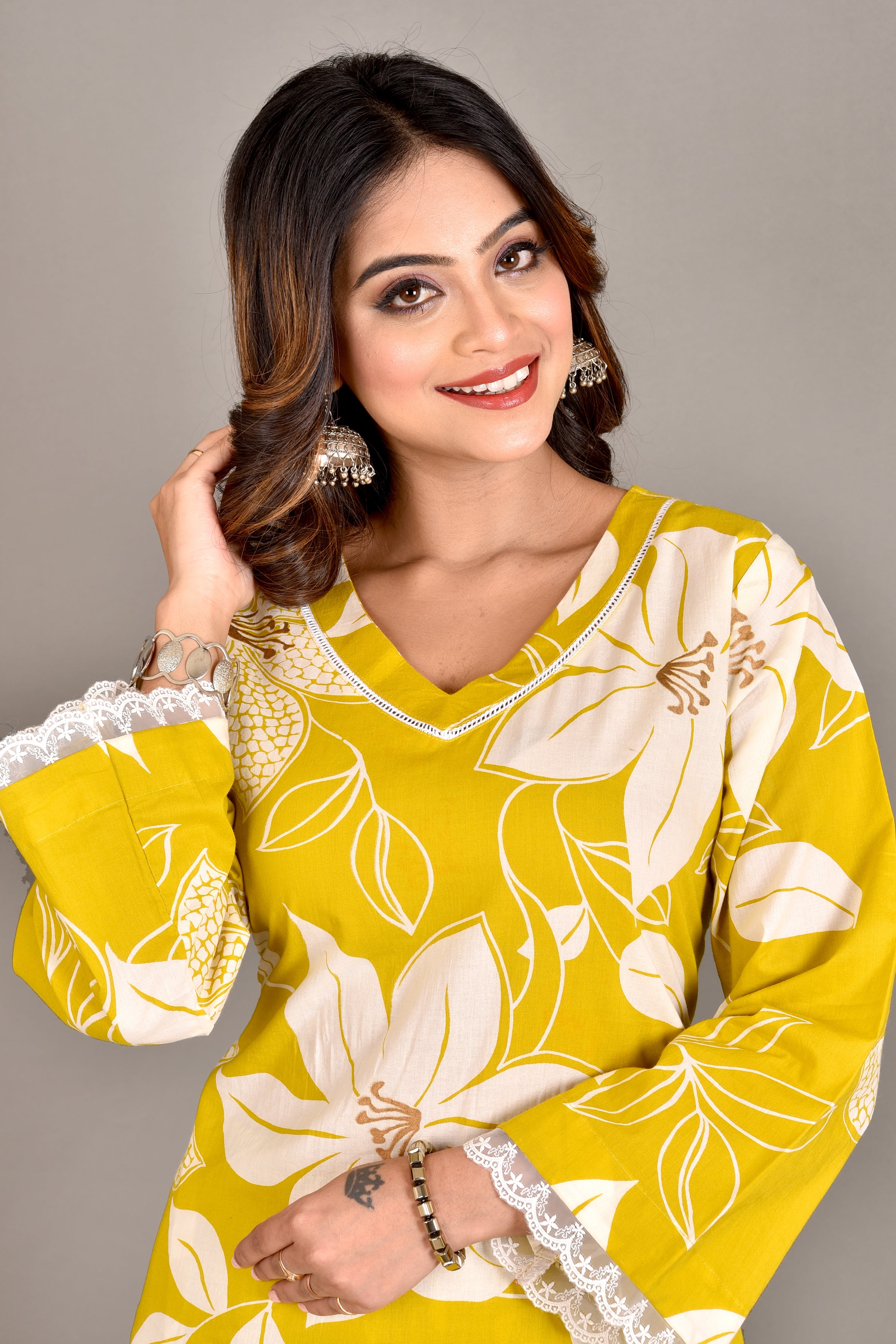 Yellow Floral Print A-Line Kurta With Pant