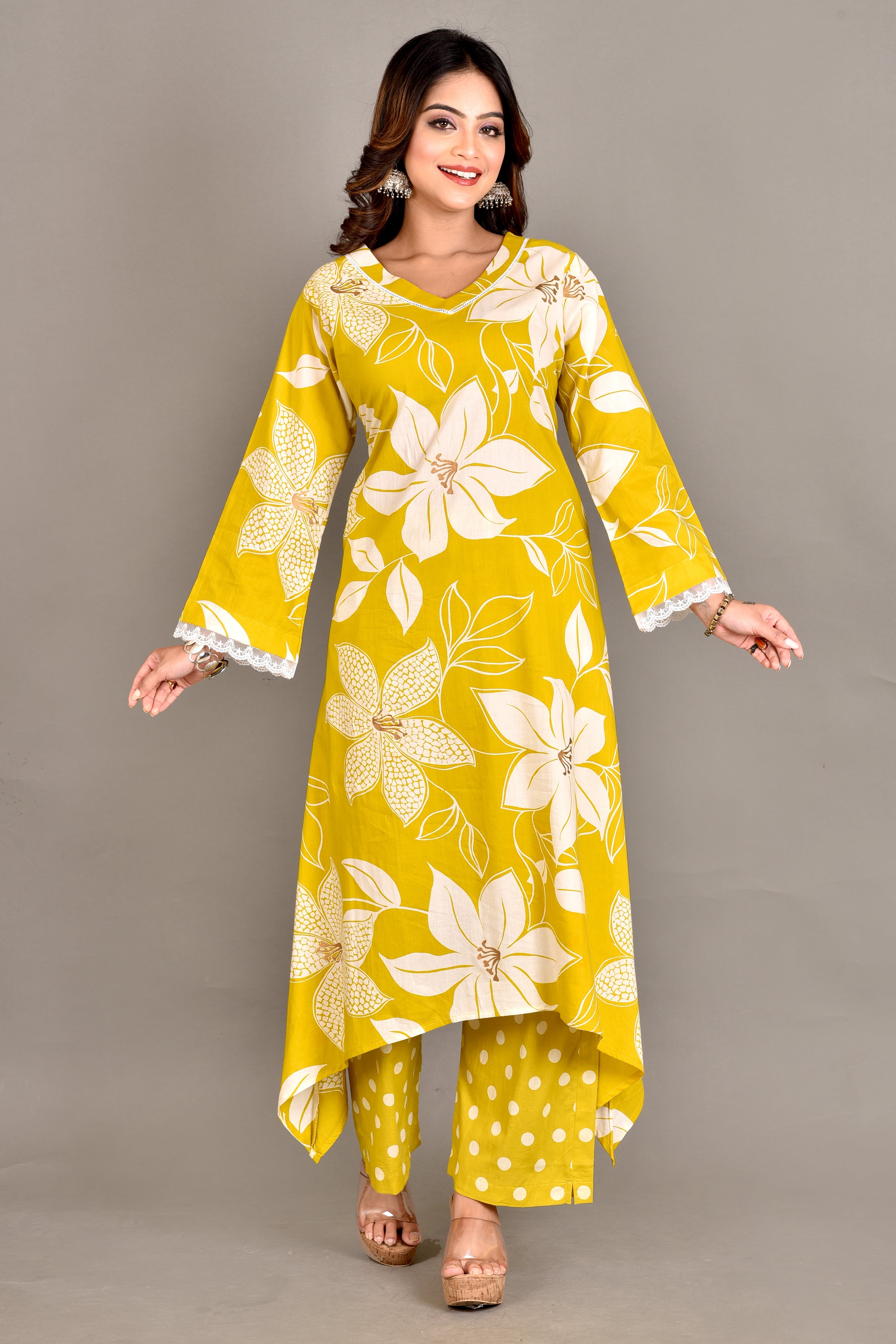 Yellow Floral Print A-Line Kurta With Pant