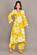 Yellow Floral Print A-Line Kurta With Pant