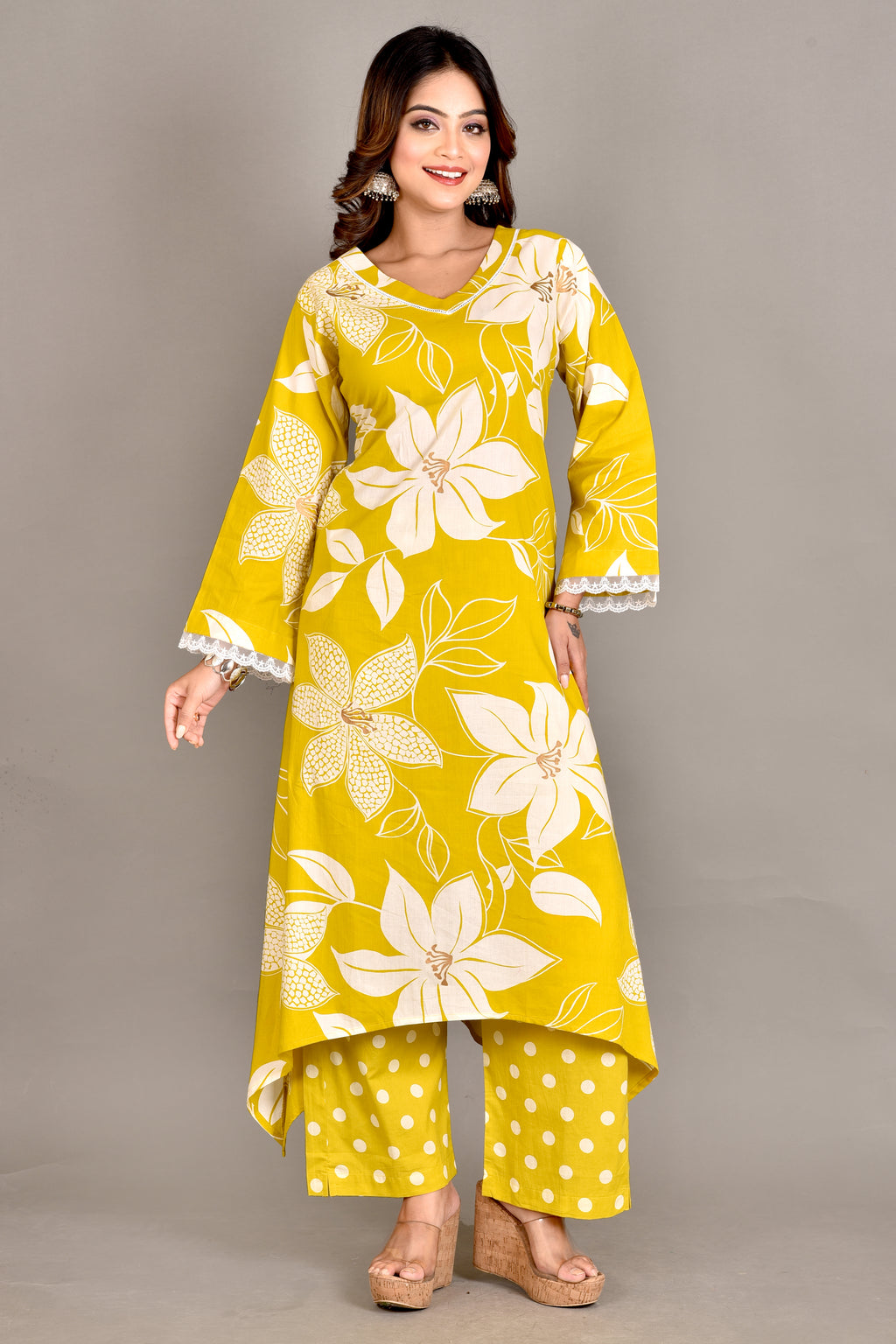 Yellow Floral Print A-Line Kurta With Pant