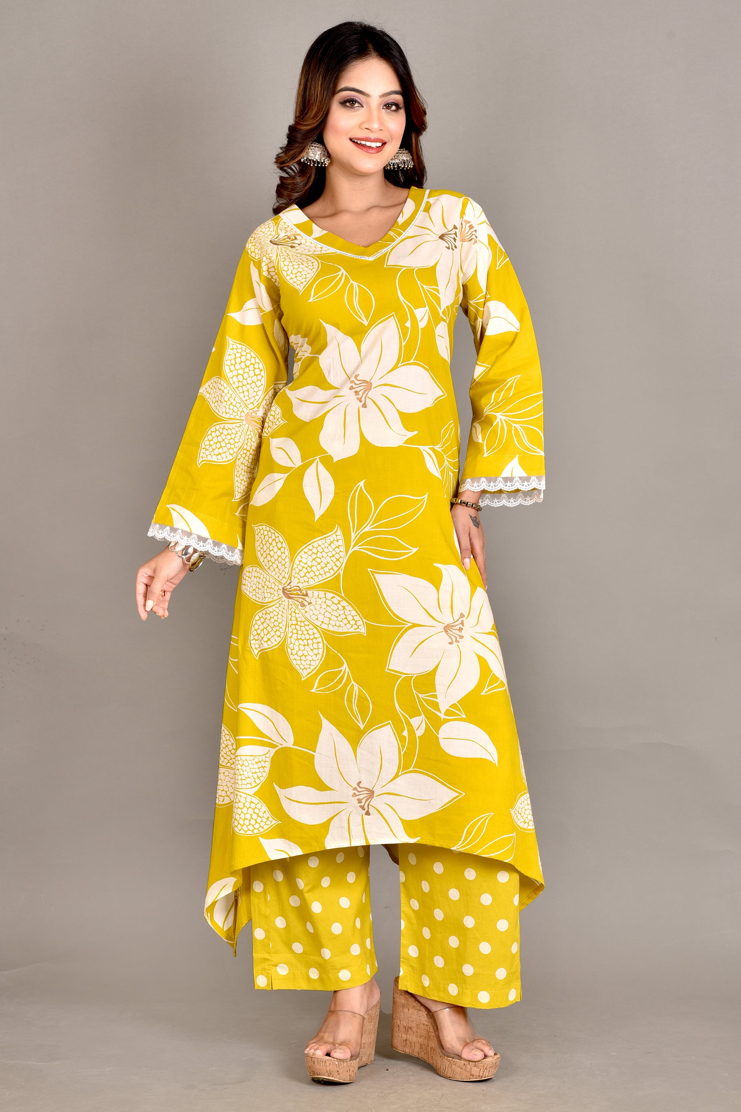 Yellow Floral Print A-Line Kurta With Pant
