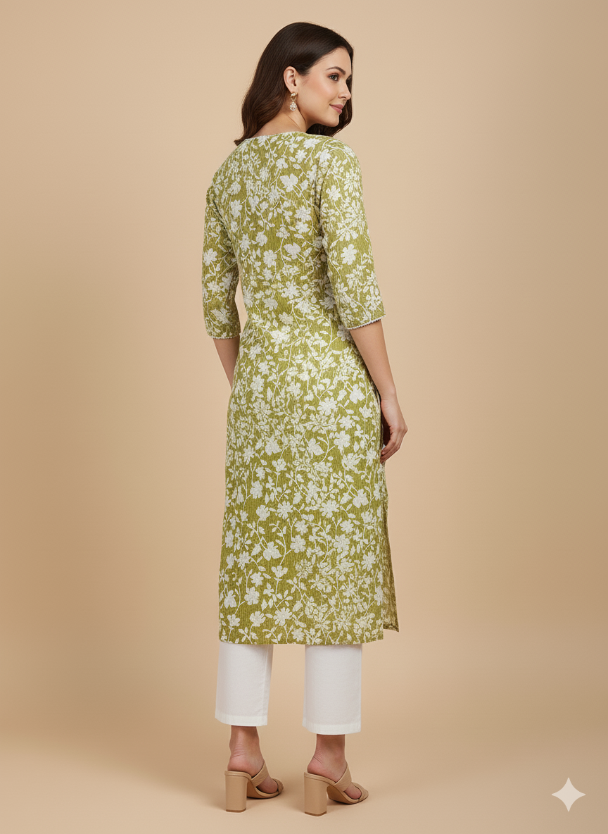 Lime Green Floral Print Straight Kurta
