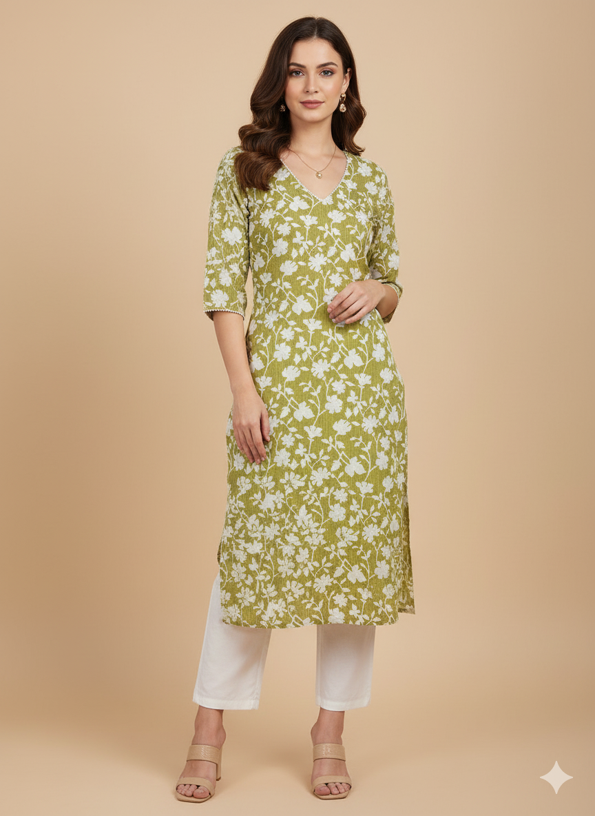 Lime Green Floral Print Straight Kurta