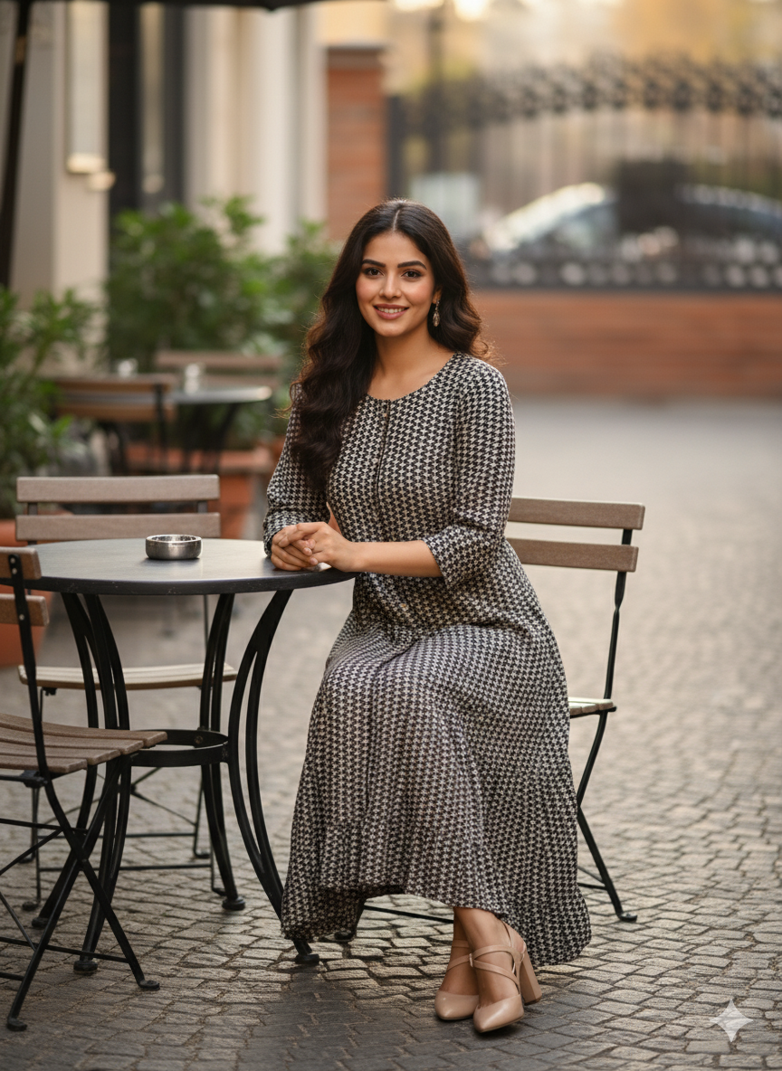 Grey & Black Zig Zag Print Flared Dress