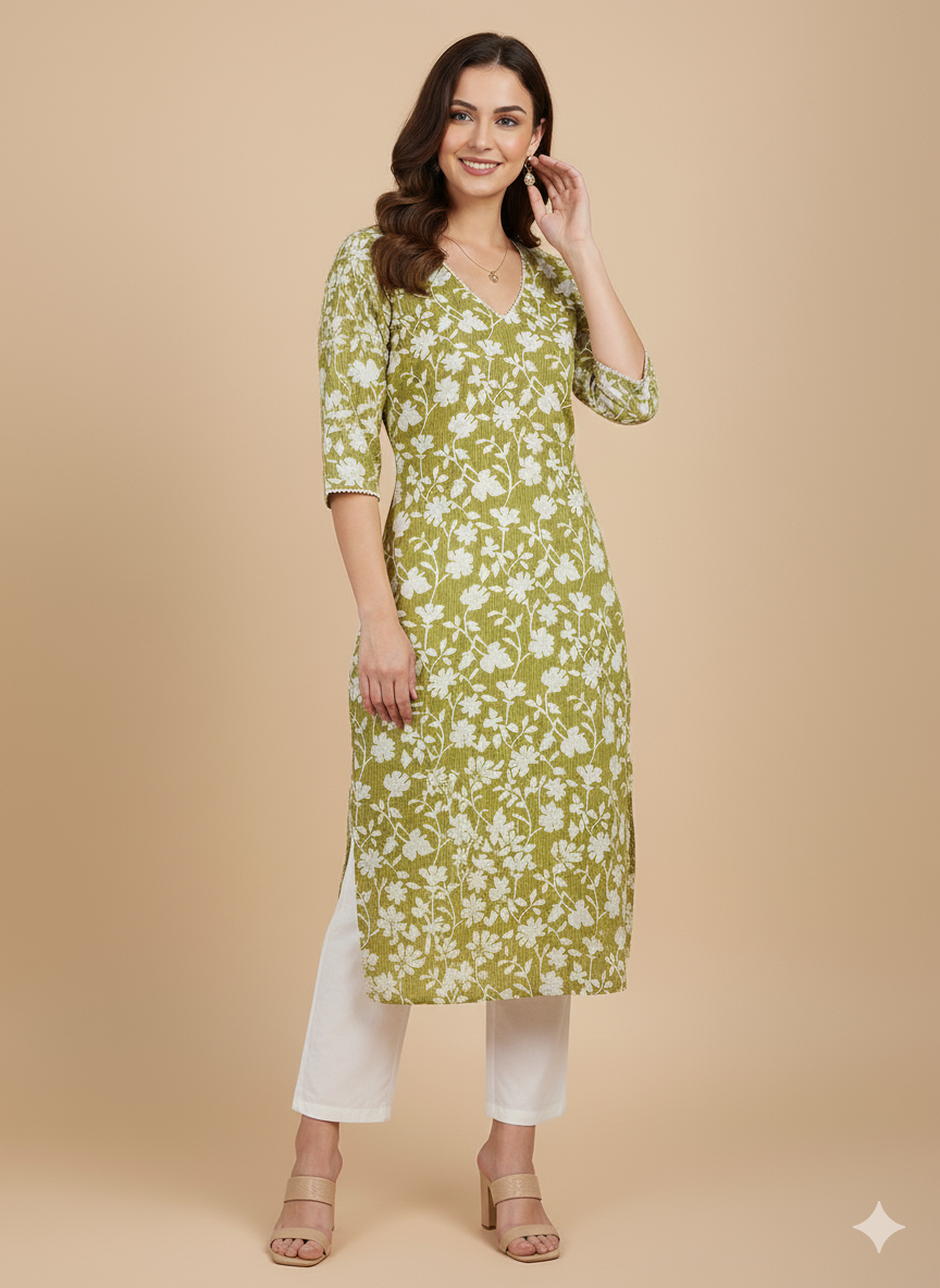 Lime Green Floral Print Straight Kurta