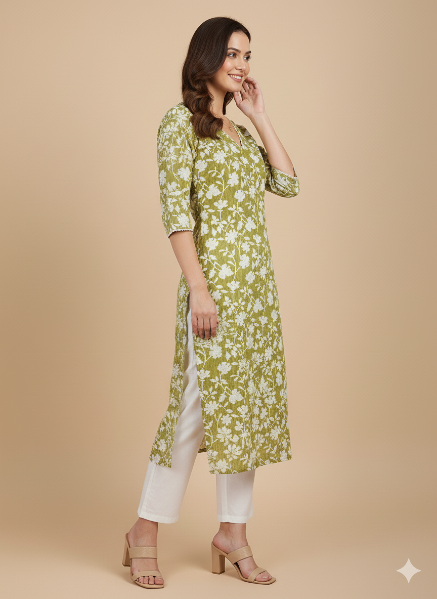 Lime Green Floral Print Straight Kurta