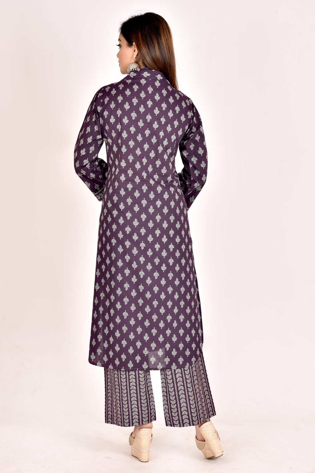 Dark Purple Leaf Print Kurta With Pant