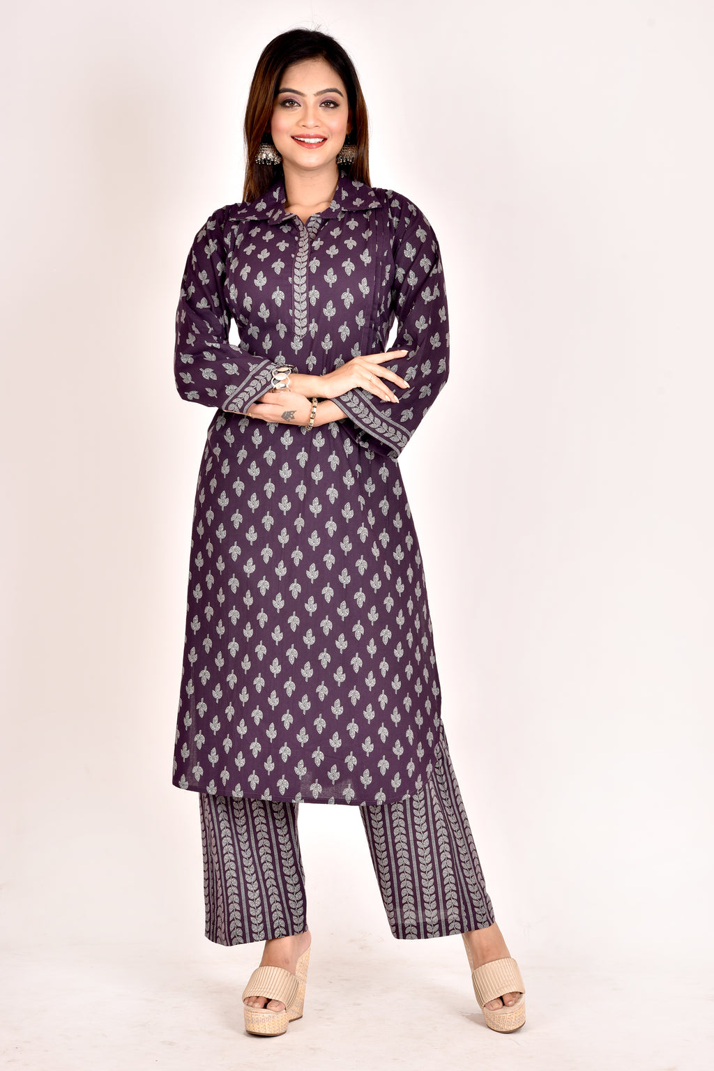Dark Purple Leaf Print Kurta With Pant