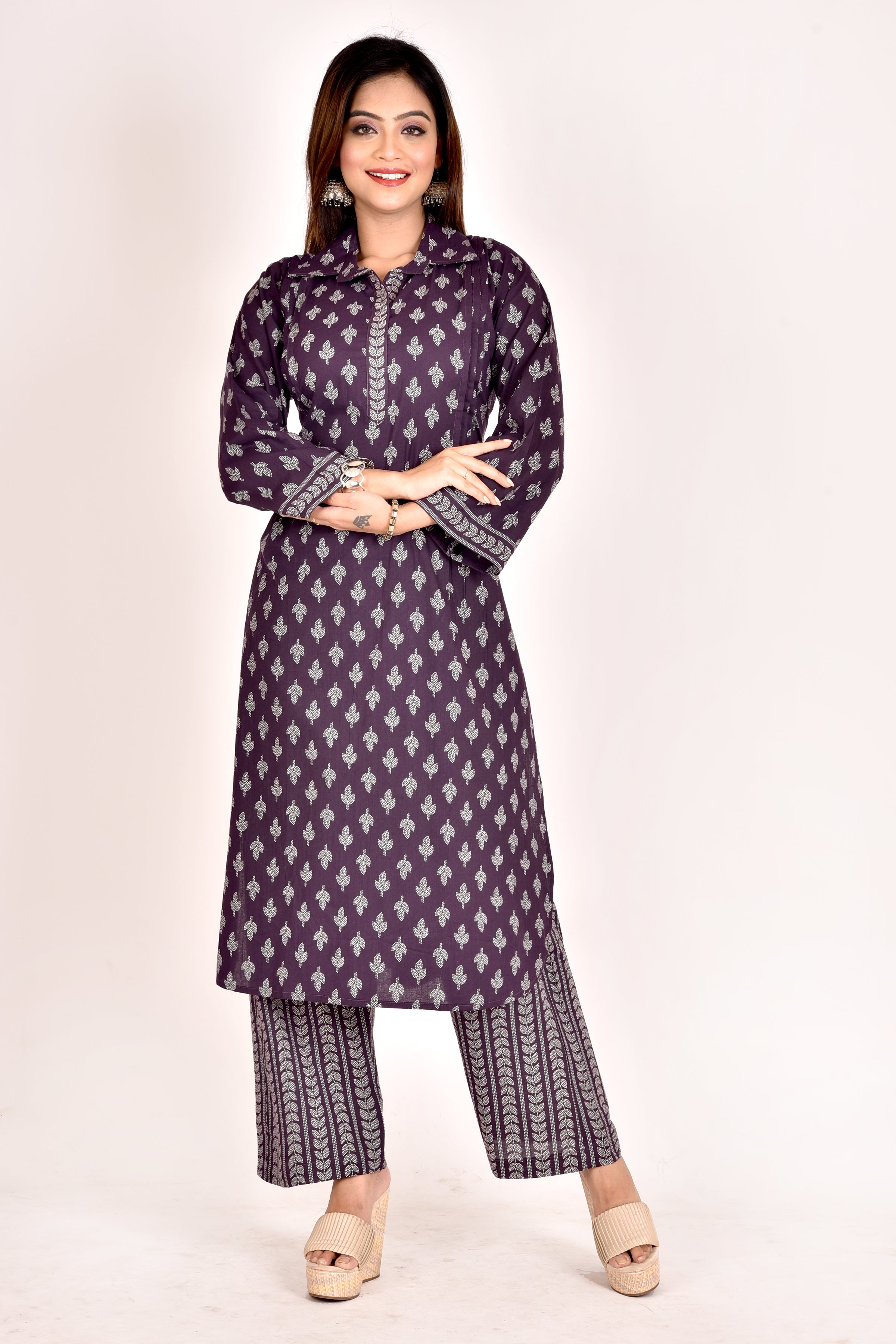 Dark Purple Leaf Print Kurta With Pant