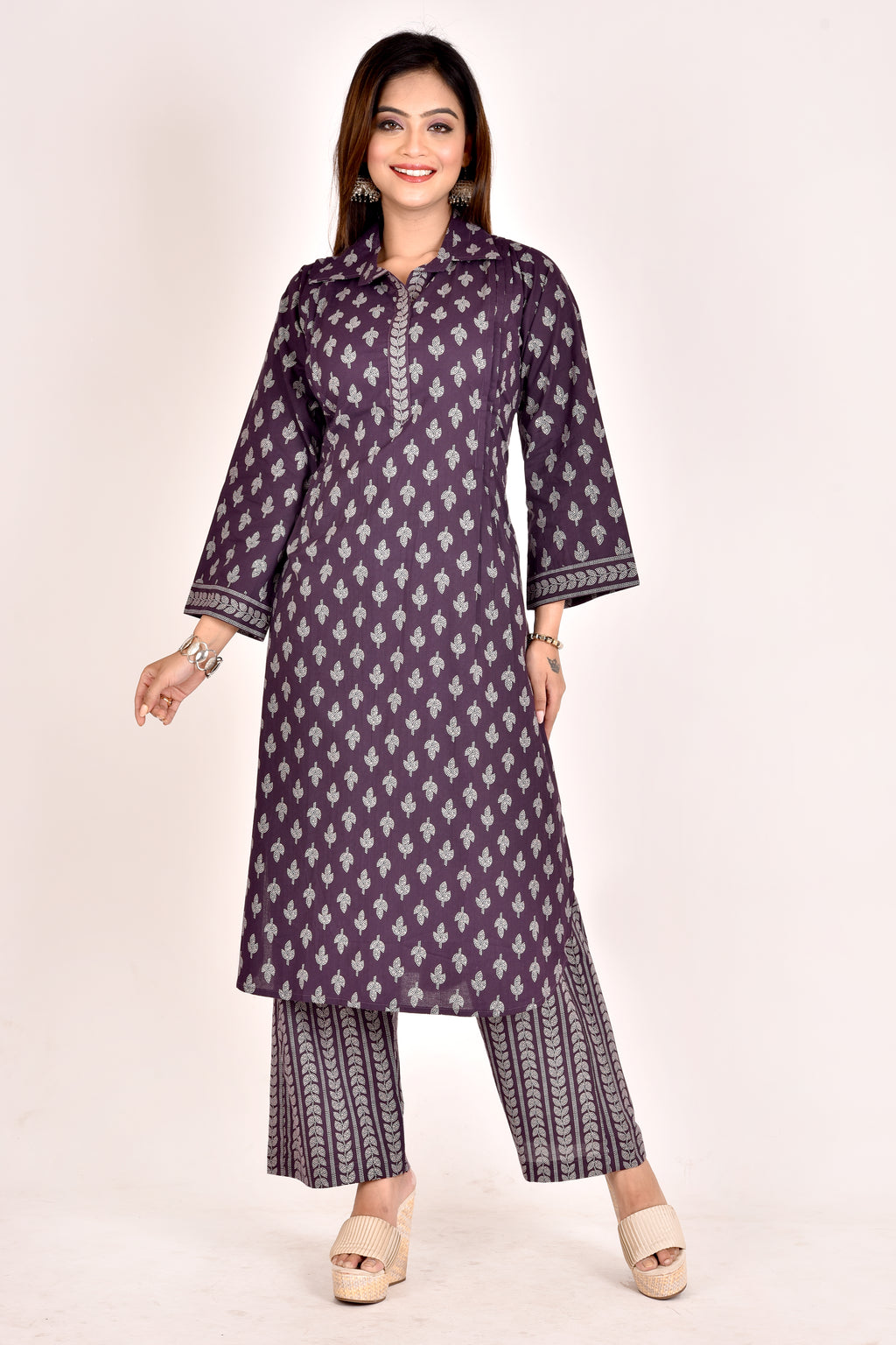 Dark Purple Leaf Print Kurta With Pant