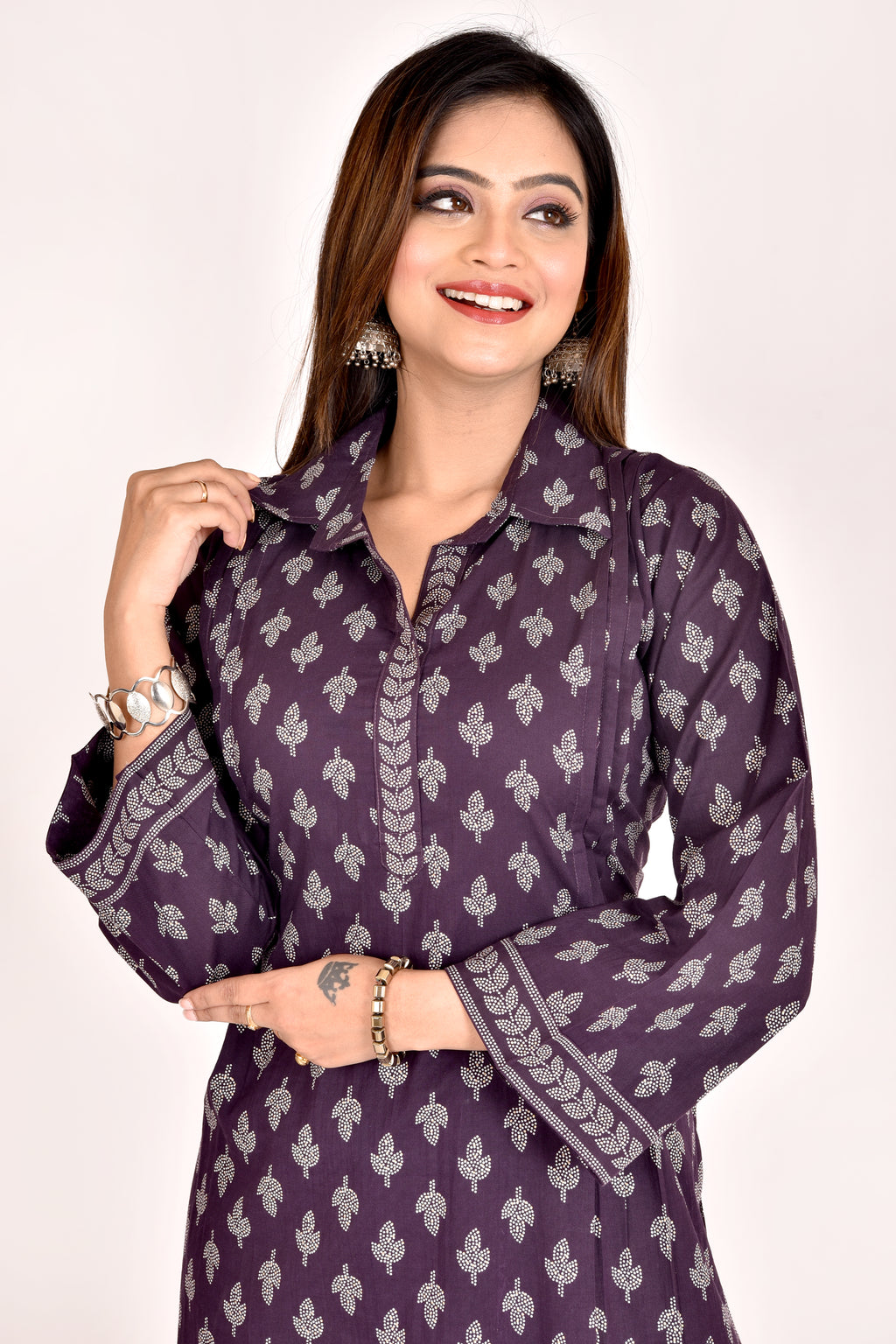 Dark Purple Leaf Print Kurta With Pant
