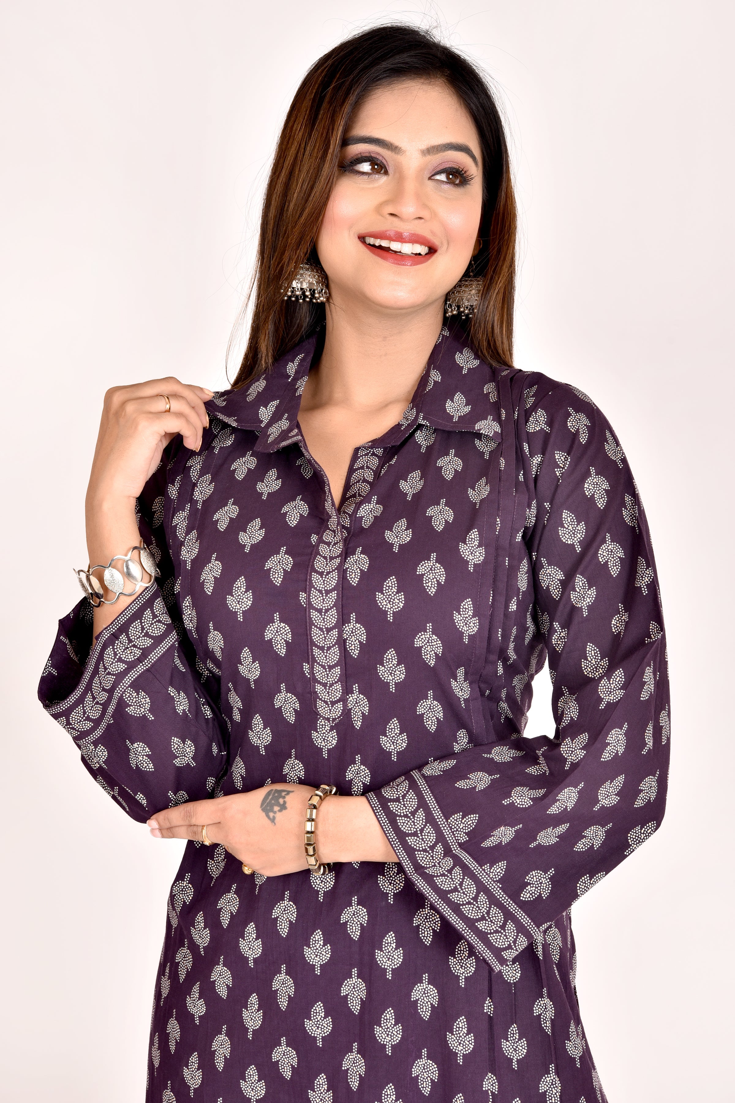 Dark Purple Leaf Print Kurta With Pant