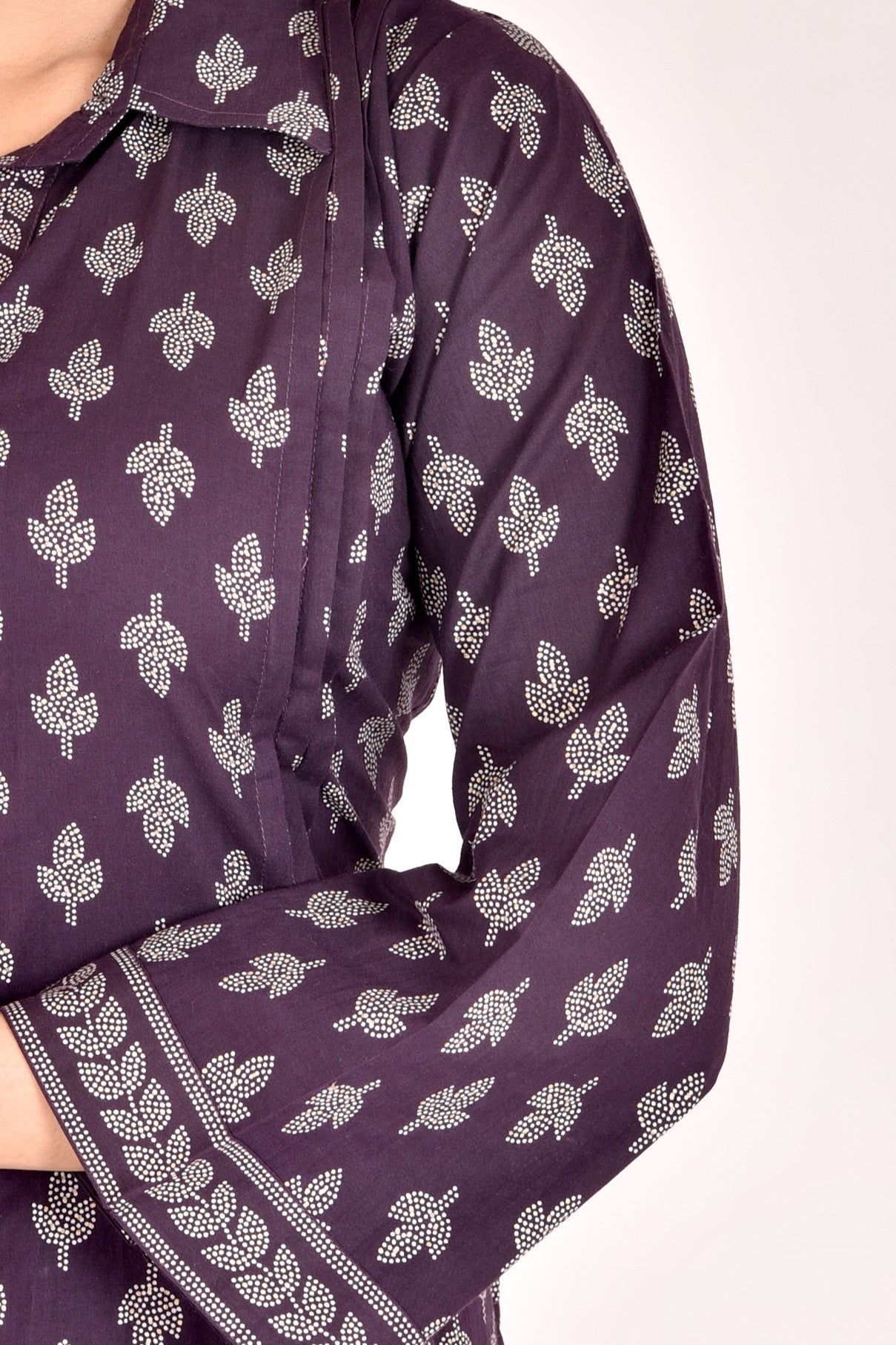 Dark Purple Leaf Print Kurta With Pant