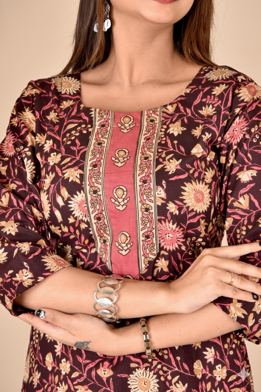 Dark Plum & Pink Floral Print Kurta With Pant