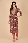 Dark Plum & Pink Floral Print Kurta With Pant