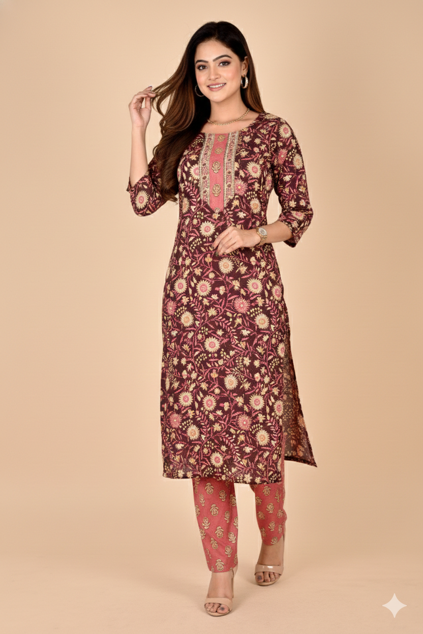 Dark Plum & Pink Floral Print Kurta With Pant