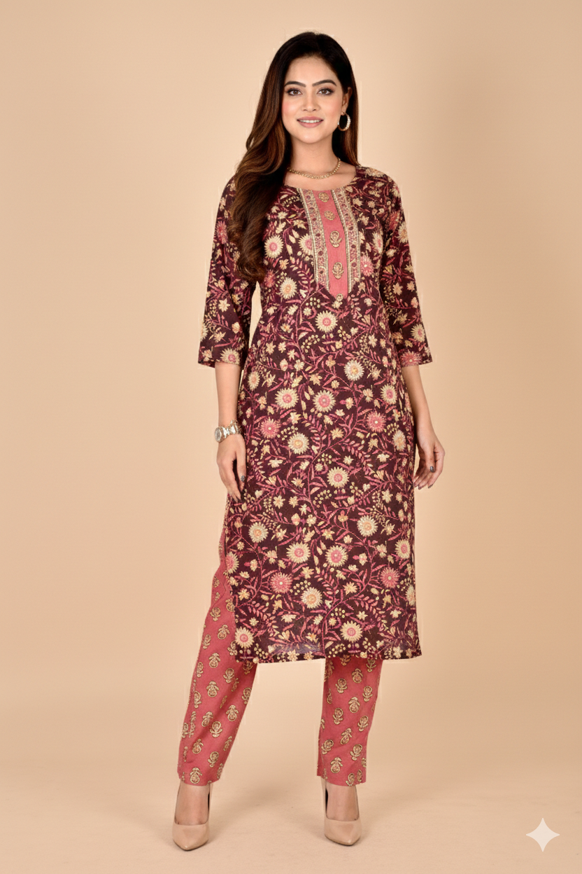 Dark Plum & Pink Floral Print Kurta With Pant