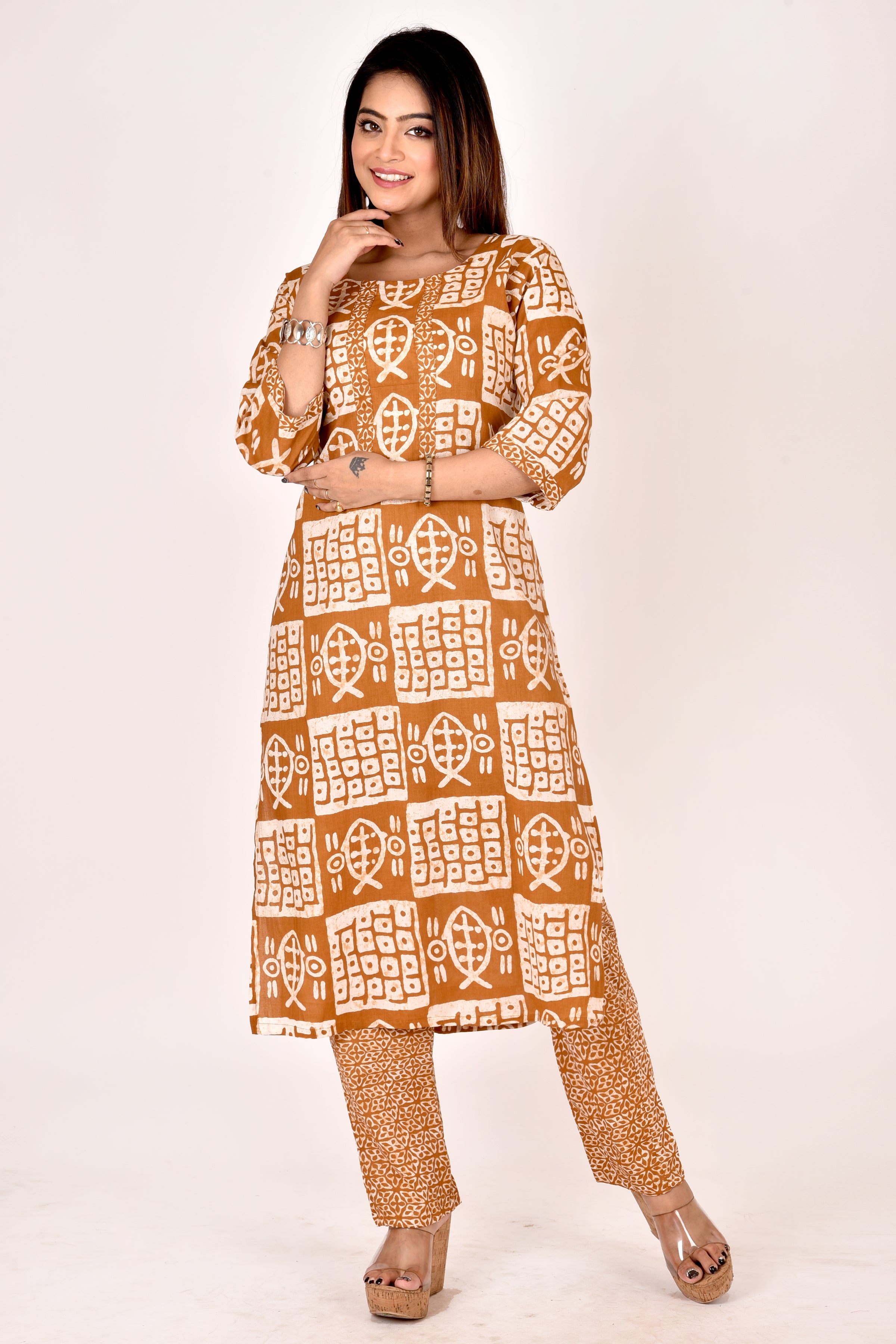 Mustard Yellow Fish Print Kurta With Pant