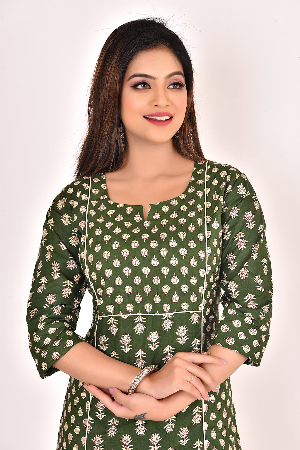 Dark Green Mix & Match Stylized Lotus Print Kurta With Pant