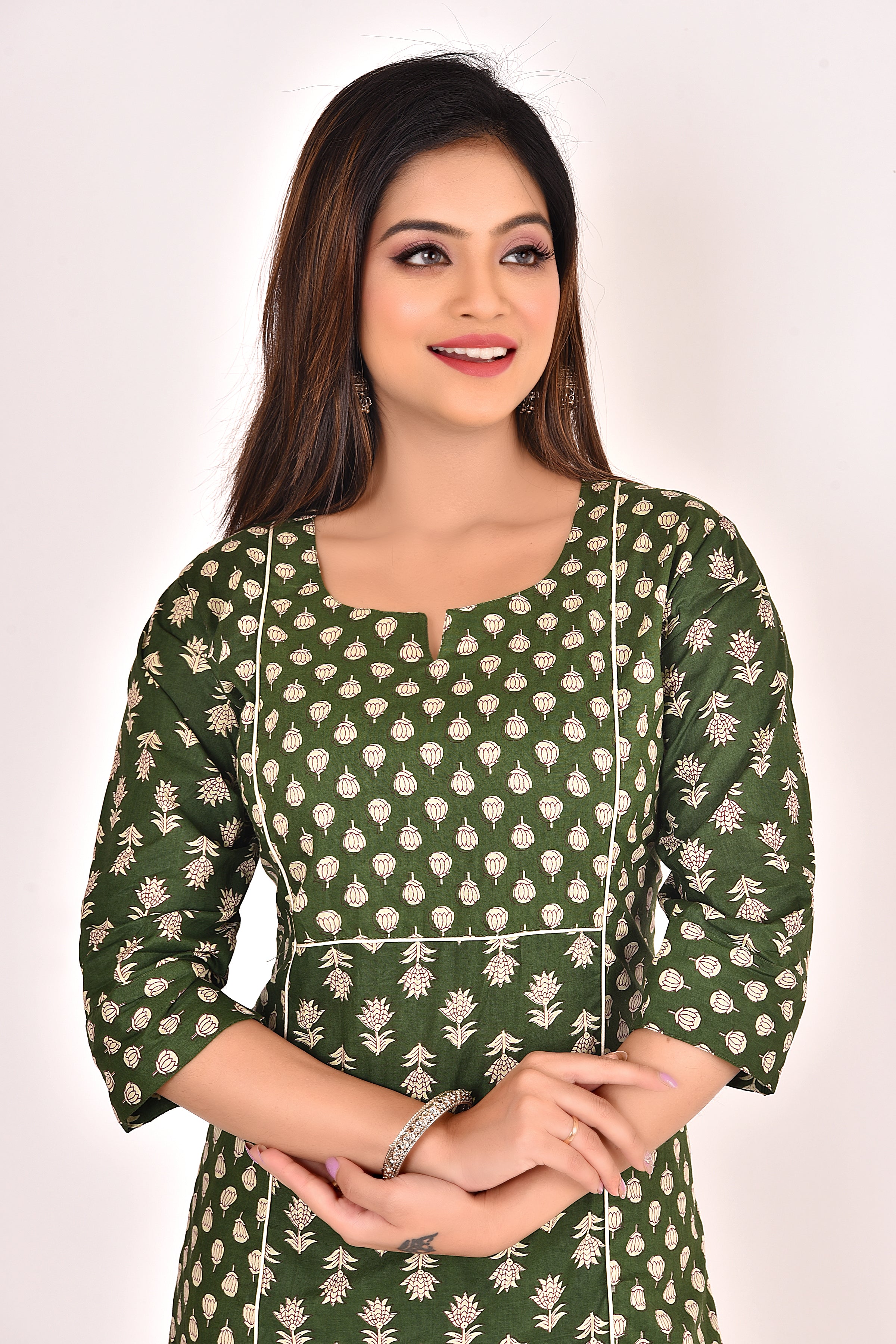 Dark Green Mix & Match Stylized Lotus Print Kurta With Pant